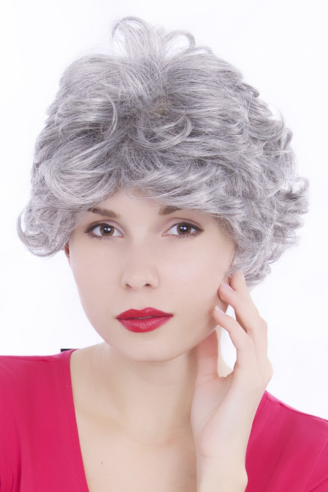 hochwertige Qualitätsperücken, Perücke Grau Hellbrau-Mix lockig kurz lockig GFW513-51, Vorderansicht, WIG ME UP: Ihr Perücken Online Shop lockige Tressen-Perücke Grau kurze Haare für Damen
