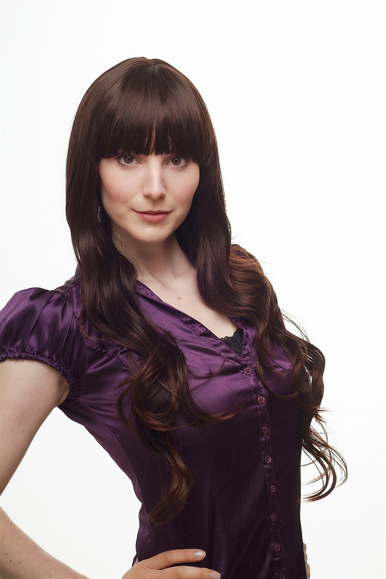 Lady  Wig LONG straight slightly wavy cute bangs fringe DARK BROWN + strands mahogany, view 5, WIG ME UP: Your Perücken Online Shop Quality Wigs, Ladies, Brown, wavy, very long