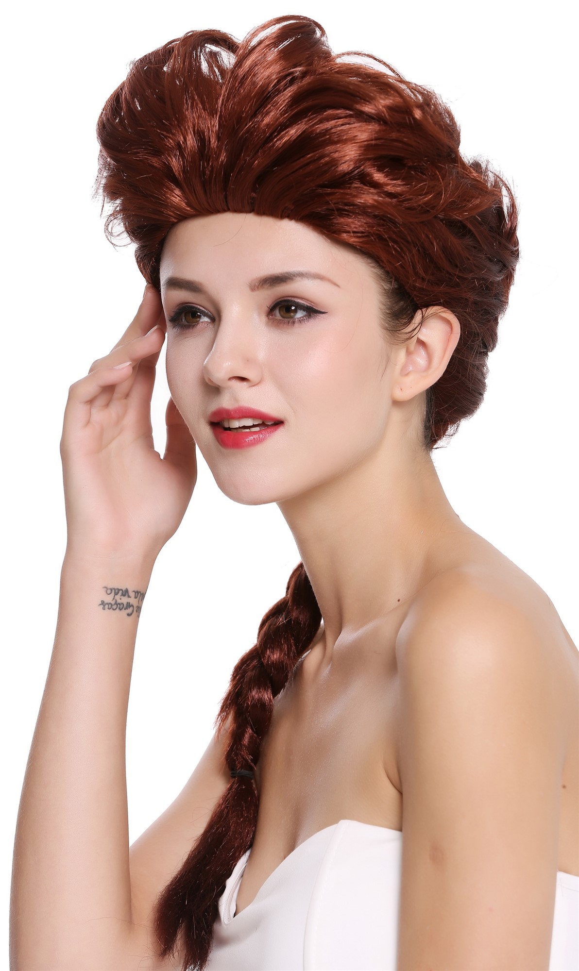 Baroque Lady Party Wig reddish brown long braided ponytail  051-P340, view 3, WIG ME UP: Your Perücken Online Shop Party Wig, Ladies, Brown, Braided, long