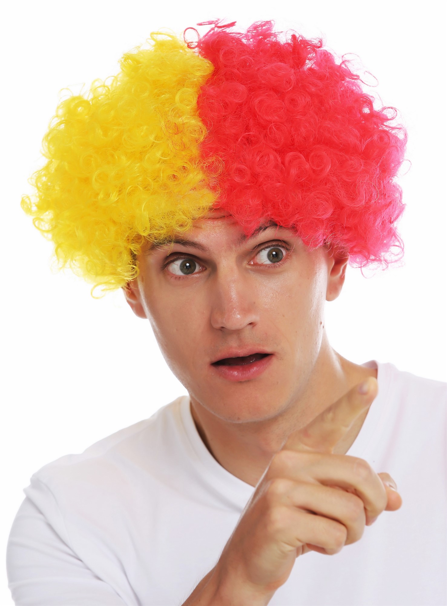 Fan wig carnival afro soccer football world cup yellow red half half MMAM-15M , front view, WIG ME UP: Your Perücken Online Shop Party Wig, Unisex, bright red-bright yellow mix, curled, short