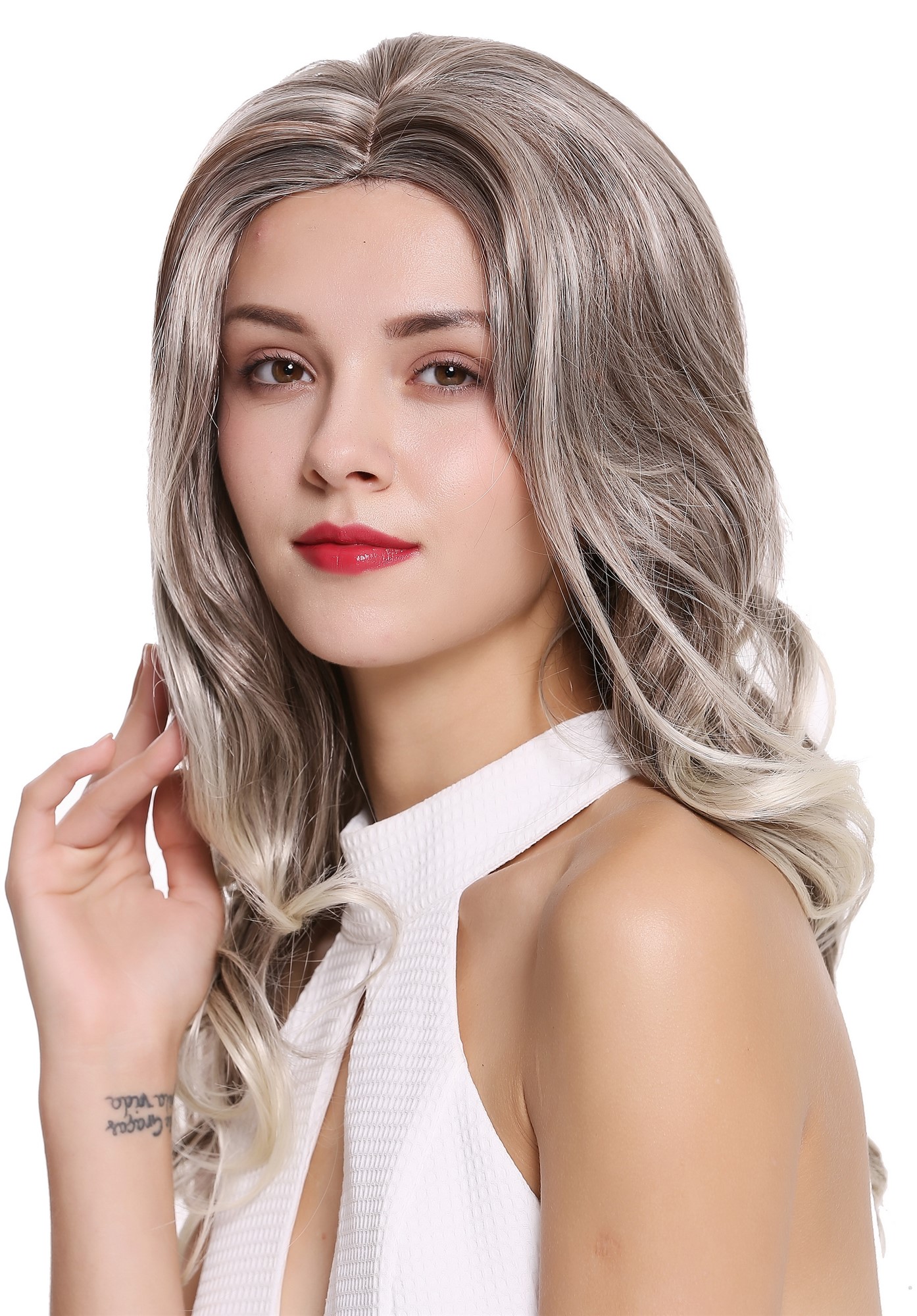 wellige Tressen-Perücke mit Kopfhaut-Imitat Hellblond-Rehbraun-Mix lange Haare für Damen