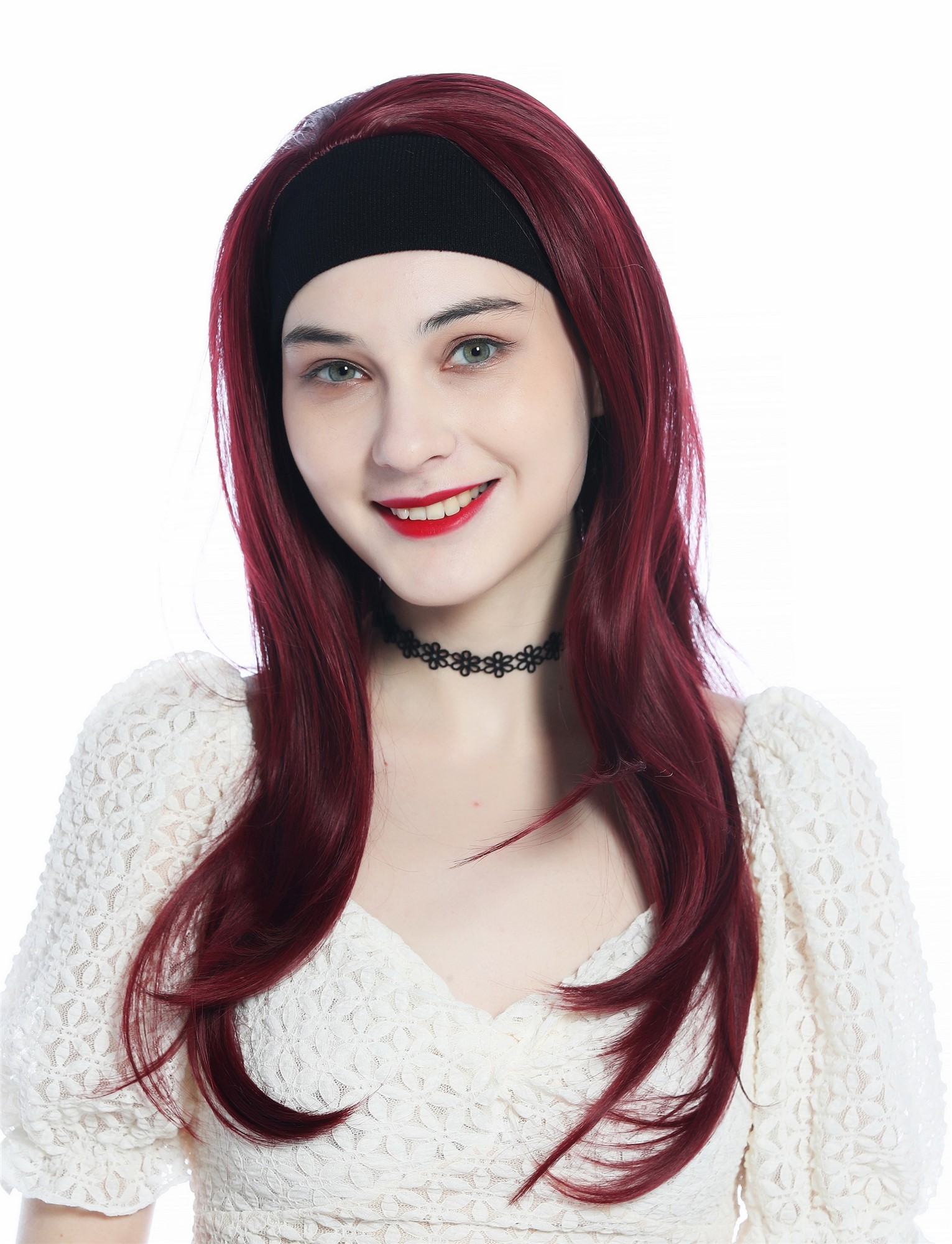 Lady wig half wig black headband retro long straight burgundy garnet red H9306, front view, WIG ME UP: Your Perücken Online Shop Quality Wigs, Ladies, aubergine, straight, long
