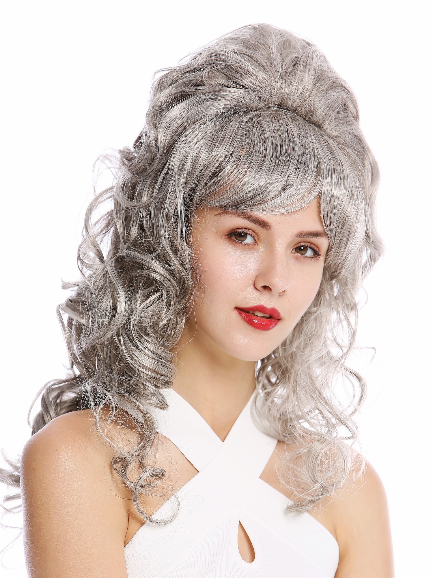 hochwertige Qualitätsperücken, Perücke 60er Retro Hochsteckfrisur Beehive Grau GFW2418-51, Ansicht 2, WIG ME UP: Ihr Perücken Online Shop lockige Tressen-Perücke Silbergrau mit geringem Schwarzanteil lange Haare für Damen