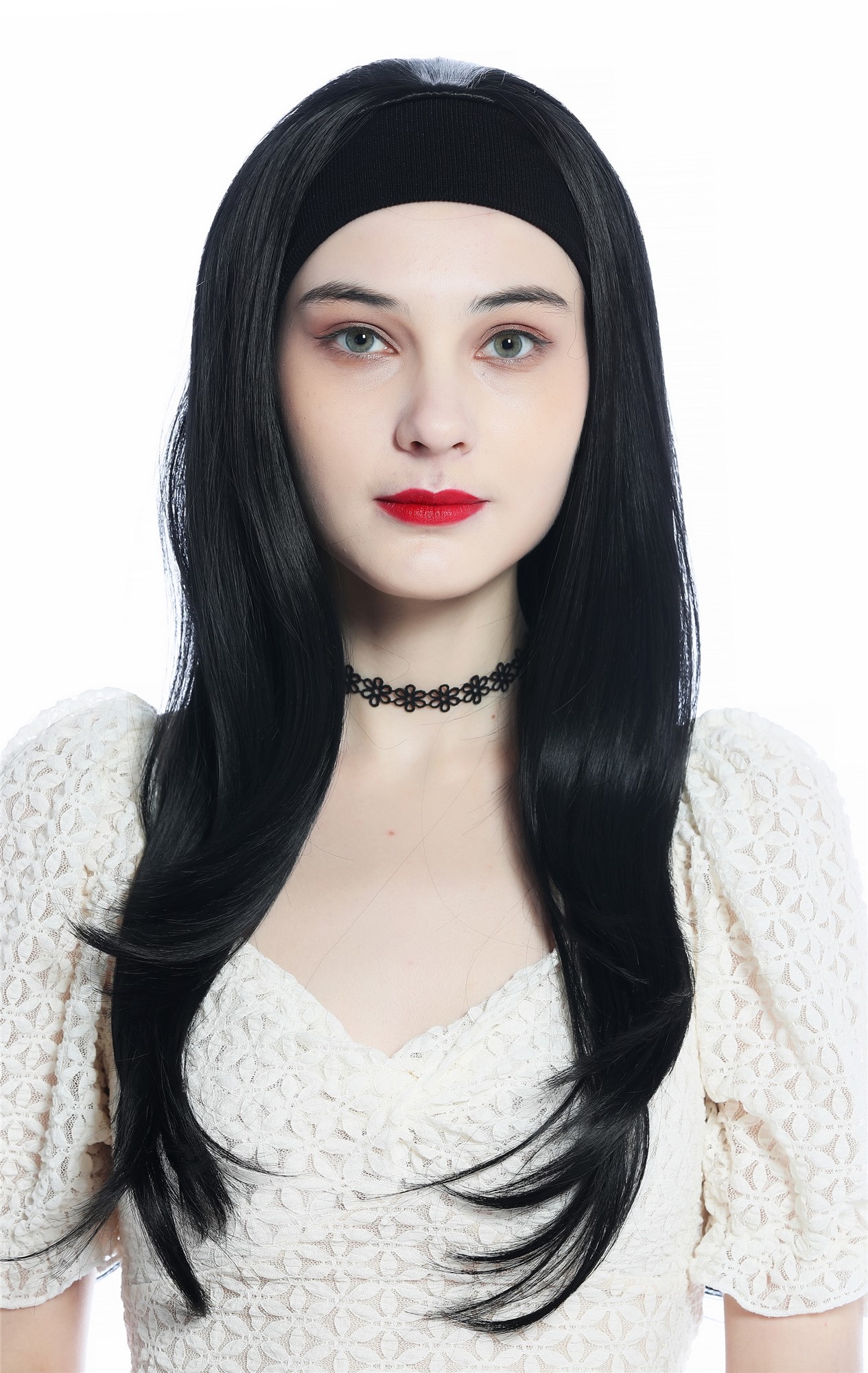 Lady wig half wig black headband cool retro long straight jet black H9306, front view, WIG ME UP: Your Perücken Online Shop Quality Wigs, Ladies, Black, straight, long