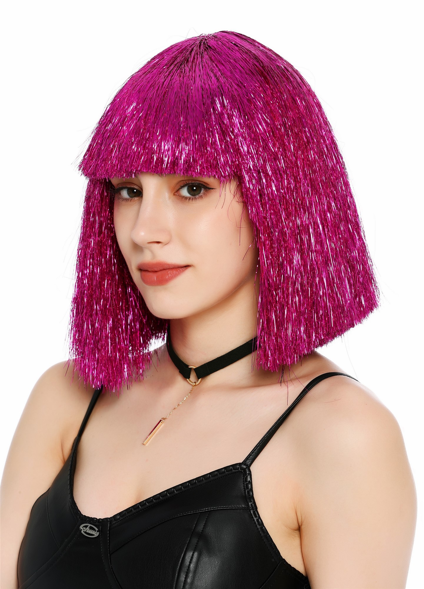 Perücke Damen Glitzer Lametta Tinsel Look Longbob Pony Disco Glam Pink Rosa VK-42-TN17