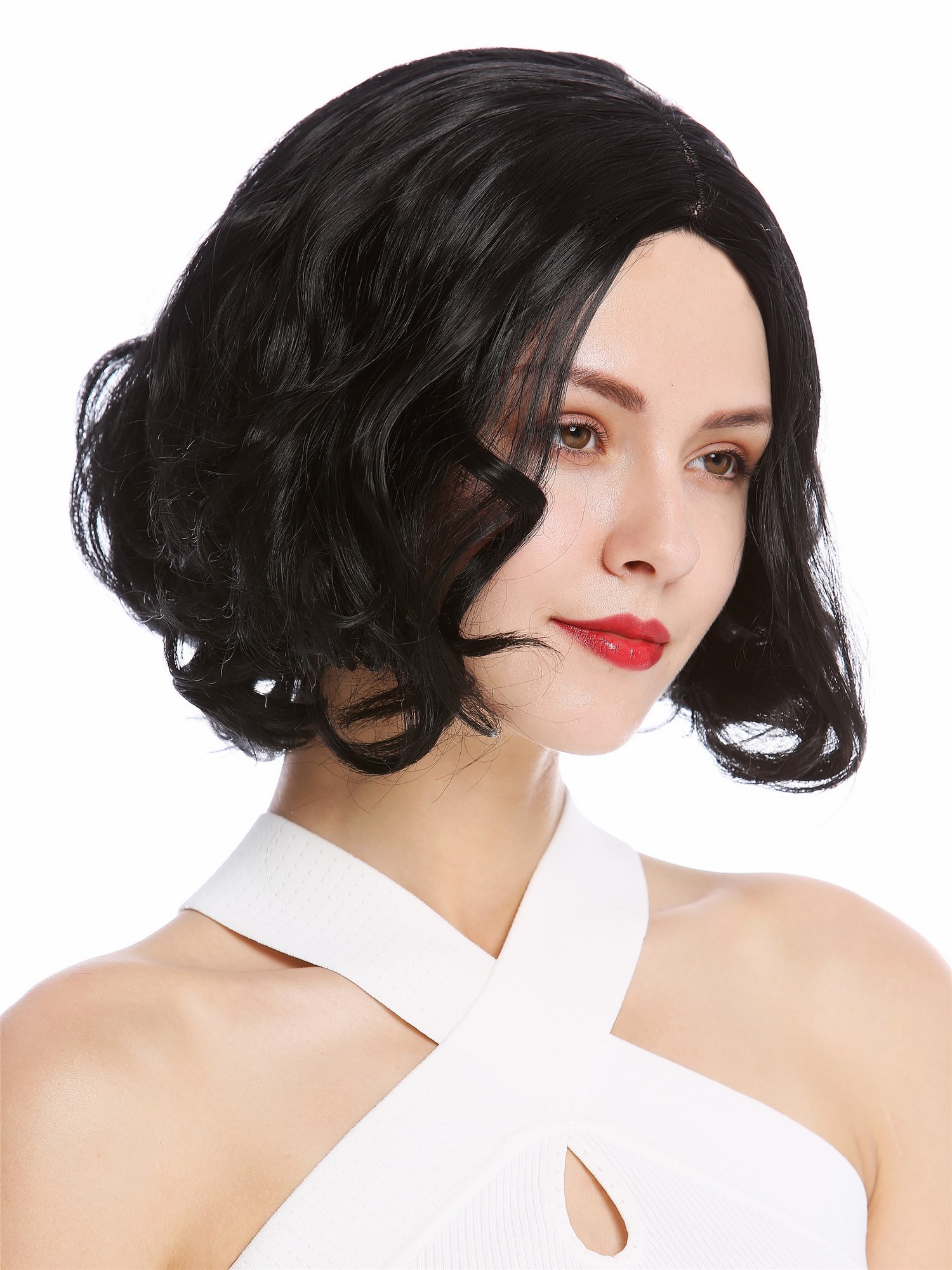 hochwertige Qualitätsperücken, Perücke kurz Longbob gewellt Mittelscheitel schwarz YZF-4372-1, Ansicht 2, WIG ME UP: Ihr Perücken Online Shop lockige Tressen-Perücke mit Kopfhaut-Imitat Schwarz kurze Haare für Damen