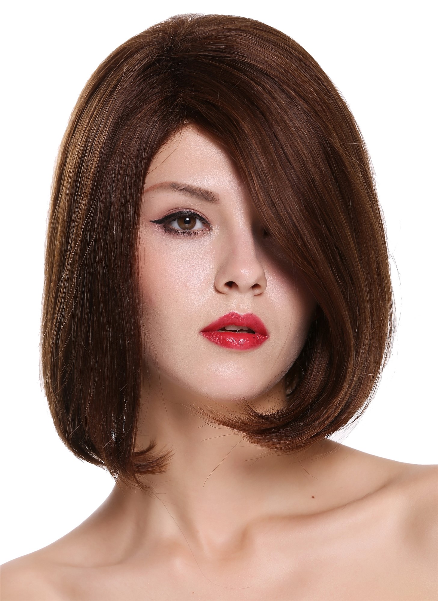 hochwertige Qualitätsperücken, Echthaar Perücke Longbob kurz glatt Scheitel Kastanie Braun RGH-6996-HH-F4/30, Vorderansicht, WIG ME UP: Ihr Perücken Online Shop glatte Tressen-Perücke 100% Echthaar Dunkelbraun-Kupferbraun-Mix schulterlange Haare für Damen