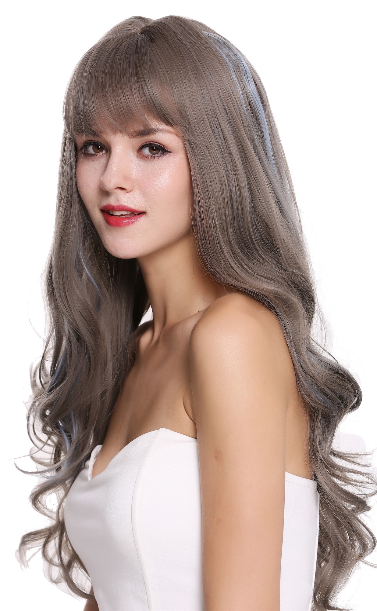 hochwertige Qualitätsperücken, Perücke lang wellig Pony Balayage Grau Braun Blau H1734-8A/10A/4134, Ansicht 3, WIG ME UP: Ihr Perücken Online Shop wellige Tressen-Perücke mit Kopfhaut-Imitat Aschgrau-Goldbraun-Hellblau-Mix lange Haare für Damen