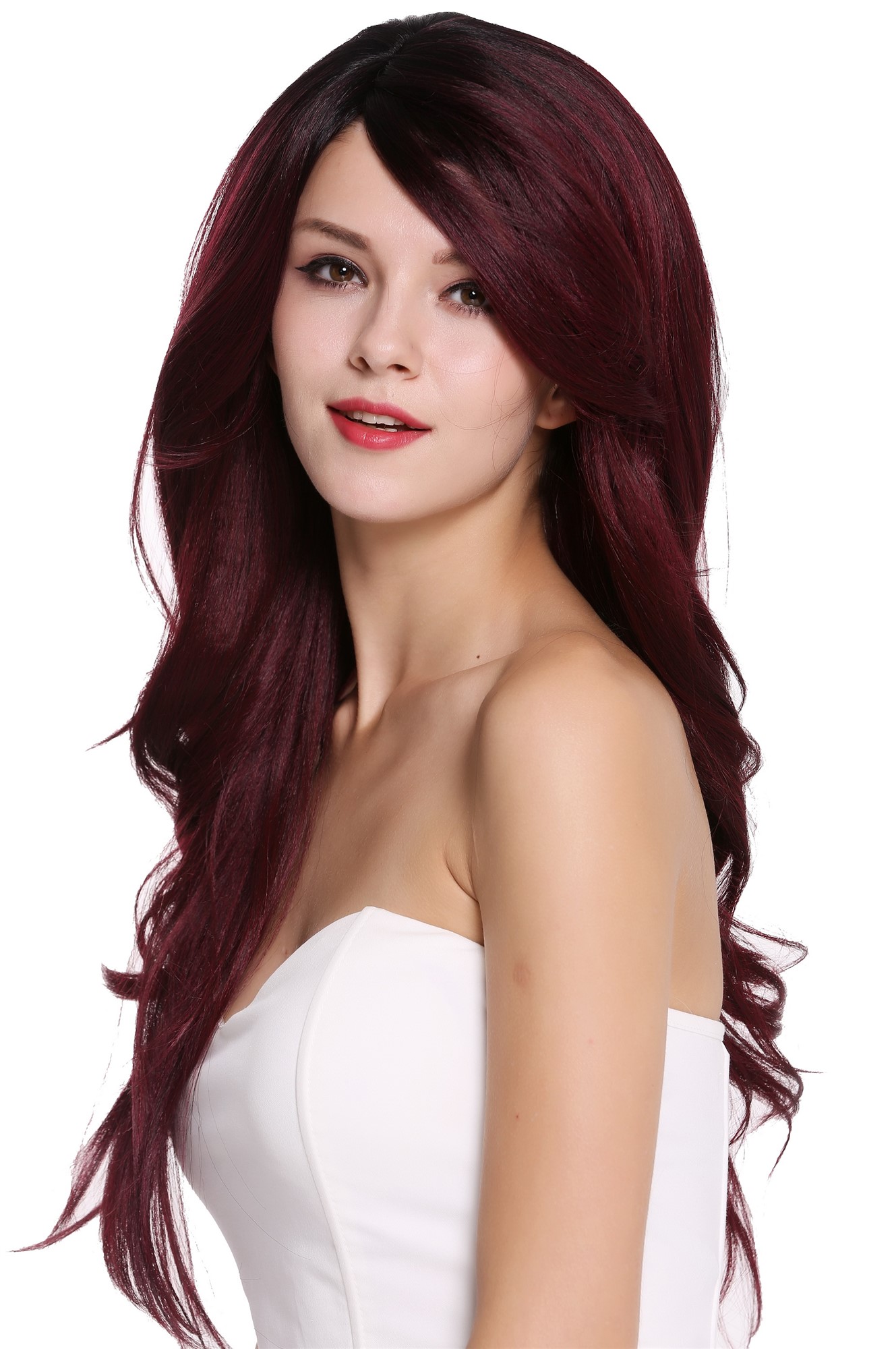 hochwertige Qualitätsperücken, Perücke Lang Gewellt Scheitel Schwarz Rot RGF-5904LD-DR1B/BG, Ansicht 3, WIG ME UP: Ihr Perücken Online Shop wellige Tressen-Perücke mit Kopfhaut-Imitat Schwarz-Auberginerot lange Haare für Damen