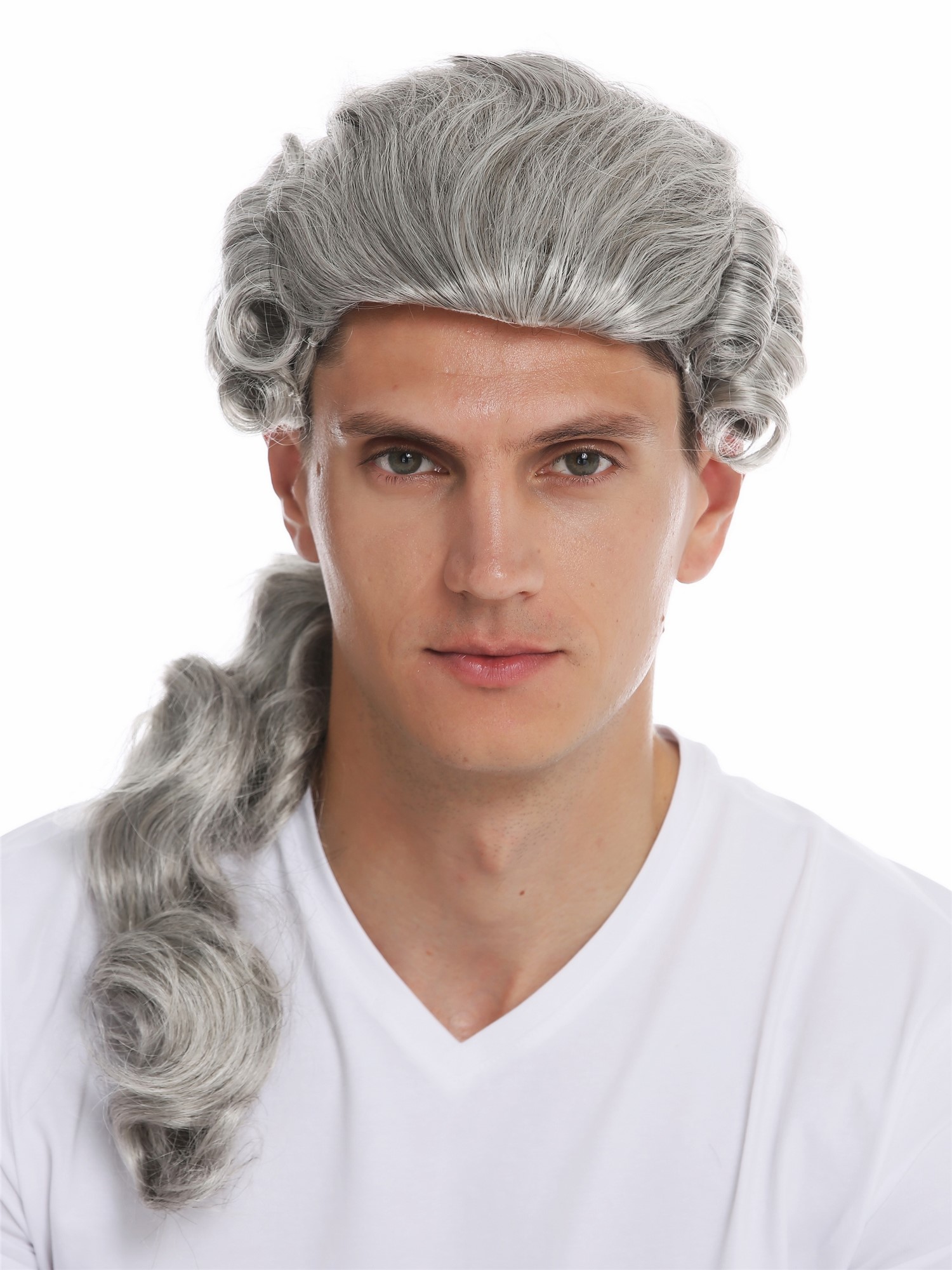 Wig men man historic baroque renaissance aristocrate king gray grey braid VK-31, front view, WIG ME UP: Your Perücken Online Shop Quality Wigs, Men, silver gray with a small amount of black, wavy, long
