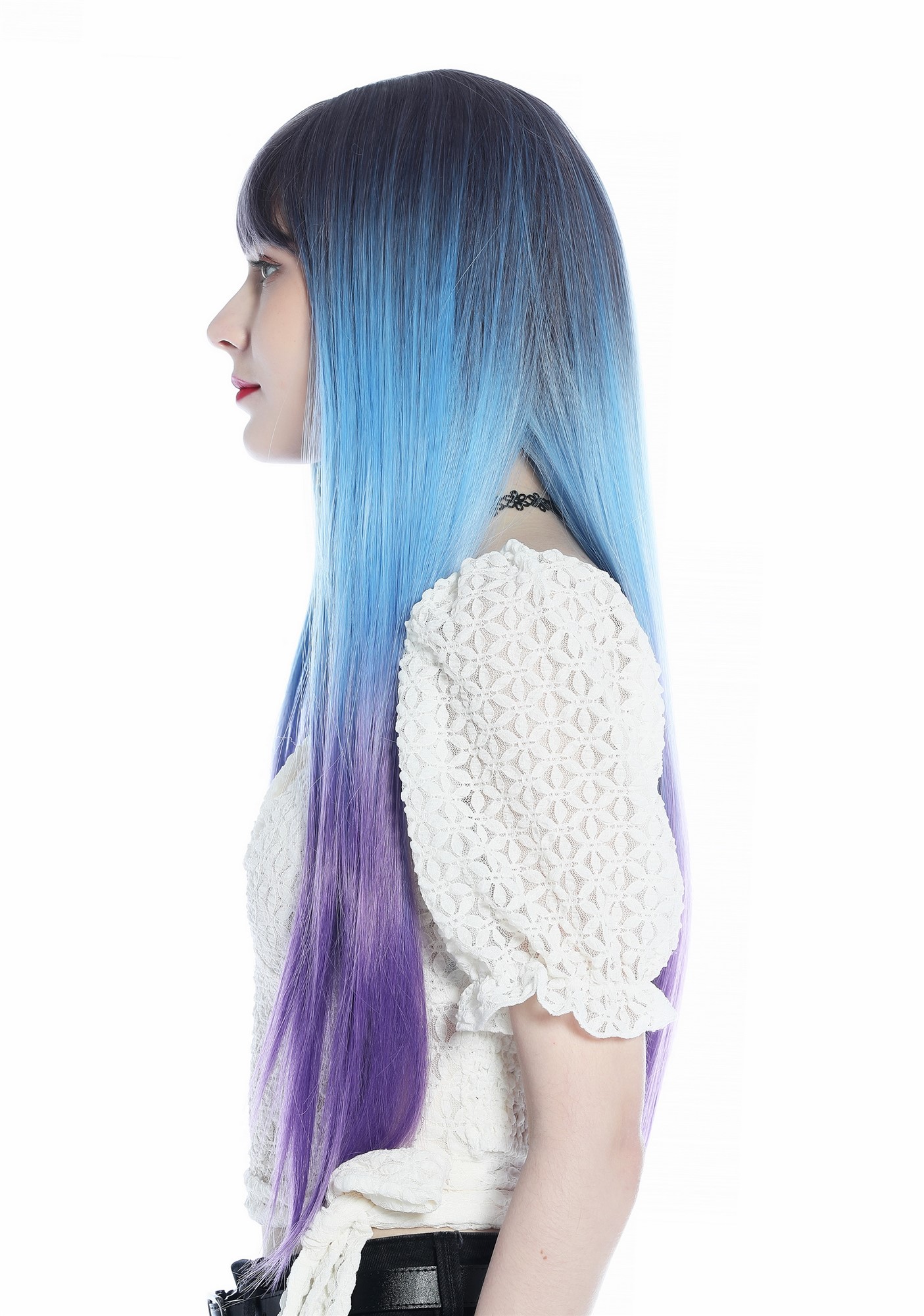 hochwertige Qualitätsperücken, Perücke lang glatt Pony Ombre Violett Hellblau Lila SZL0810B-T-002, Ansicht 4, WIG ME UP: Ihr Perücken Online Shop glatte Tressen-Perücke mit Kopfhaut-Imitat Grauviolett-Hellblau-Verlauf zu Lila lange Haare für Damen