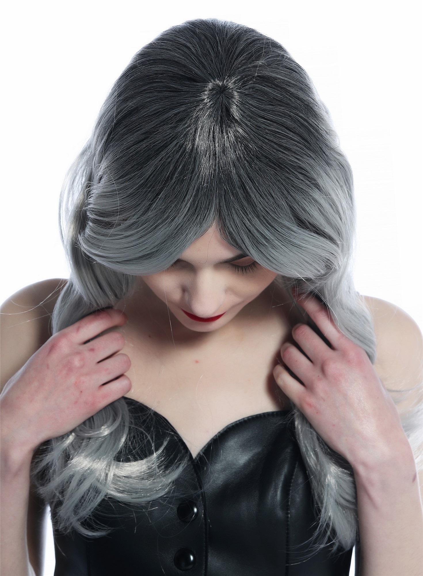 Long Wavy Lady Wig Halloween Carnival Ombre colour black to silver grey 21014, view 6, WIG ME UP: Your Perücken Online Shop Party Wig, Ladies, Black gradient in silver gray, wavy, long