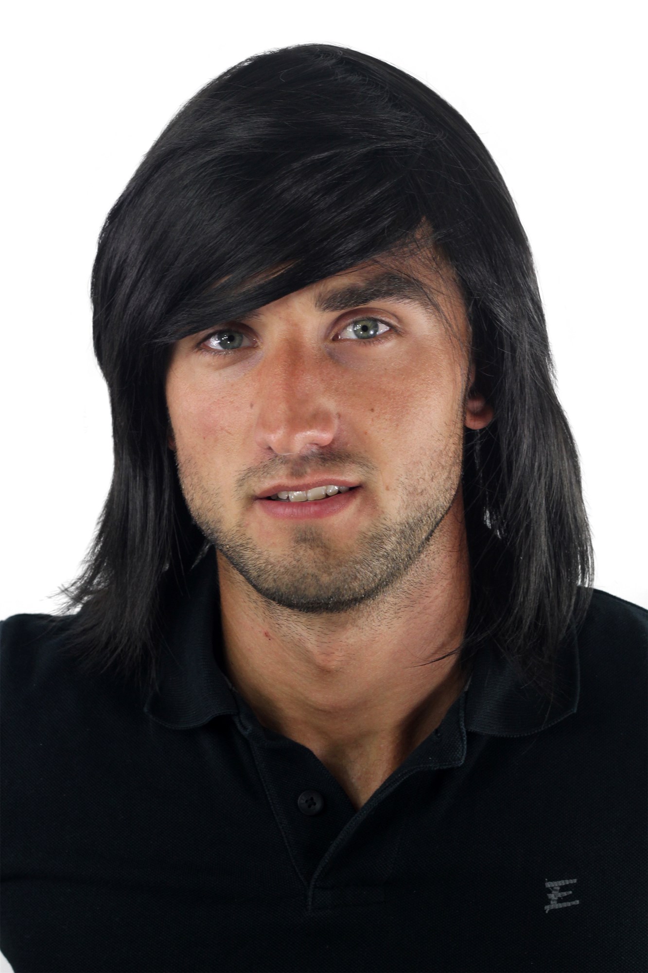 Men's WIG (for Men or Unisex) HIGH  synthetic BLACK longer hair Indie youthful young look, front view, WIG ME UP: Your Perücken Online Shop Quality Wigs, Men, black-brown, straight, shoulder-length