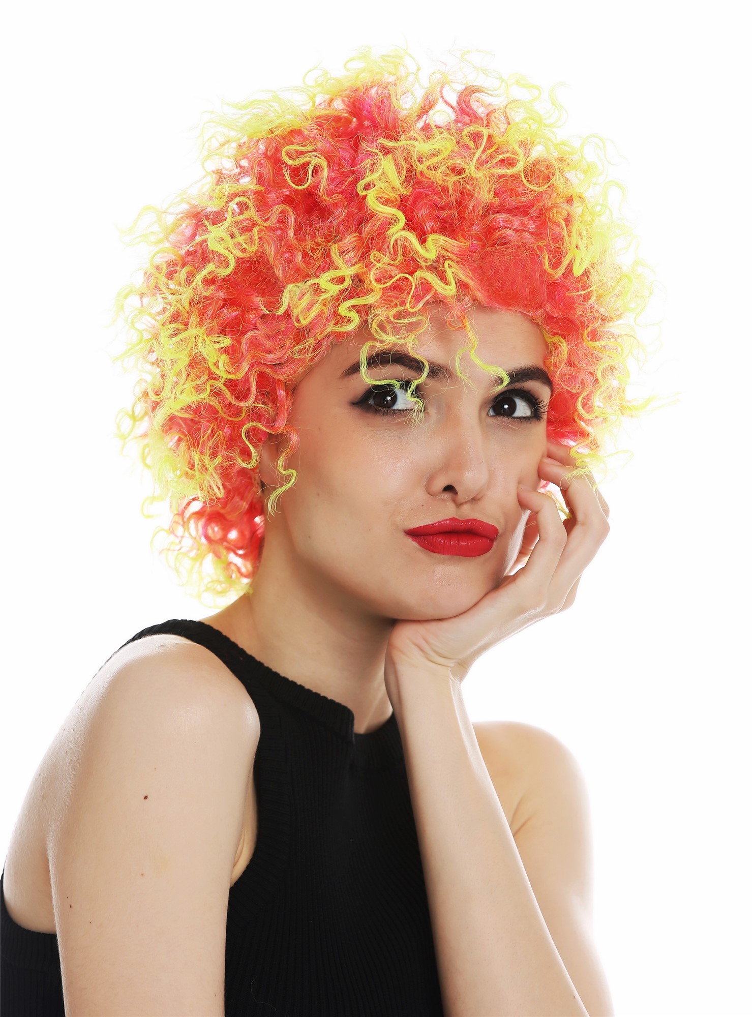 günstige Party Perücke, Perücke kurz lockig kraus rot gelb 31954-FR41-91, Vorderansicht, WIG ME UP: Ihr Perücken Online Shop lockige Party Perücke Pink-Neongelb-Mix kurze Haare Unisex