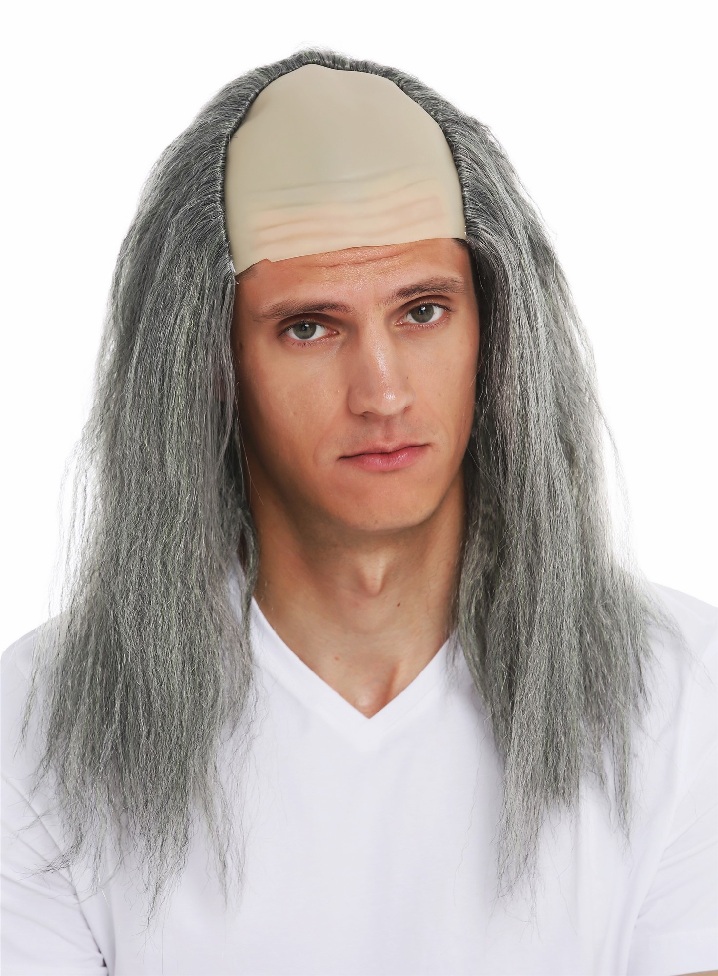 Party Wig, Men, Silver-gray wig with moss-green streaks, wavy, shoulder-length