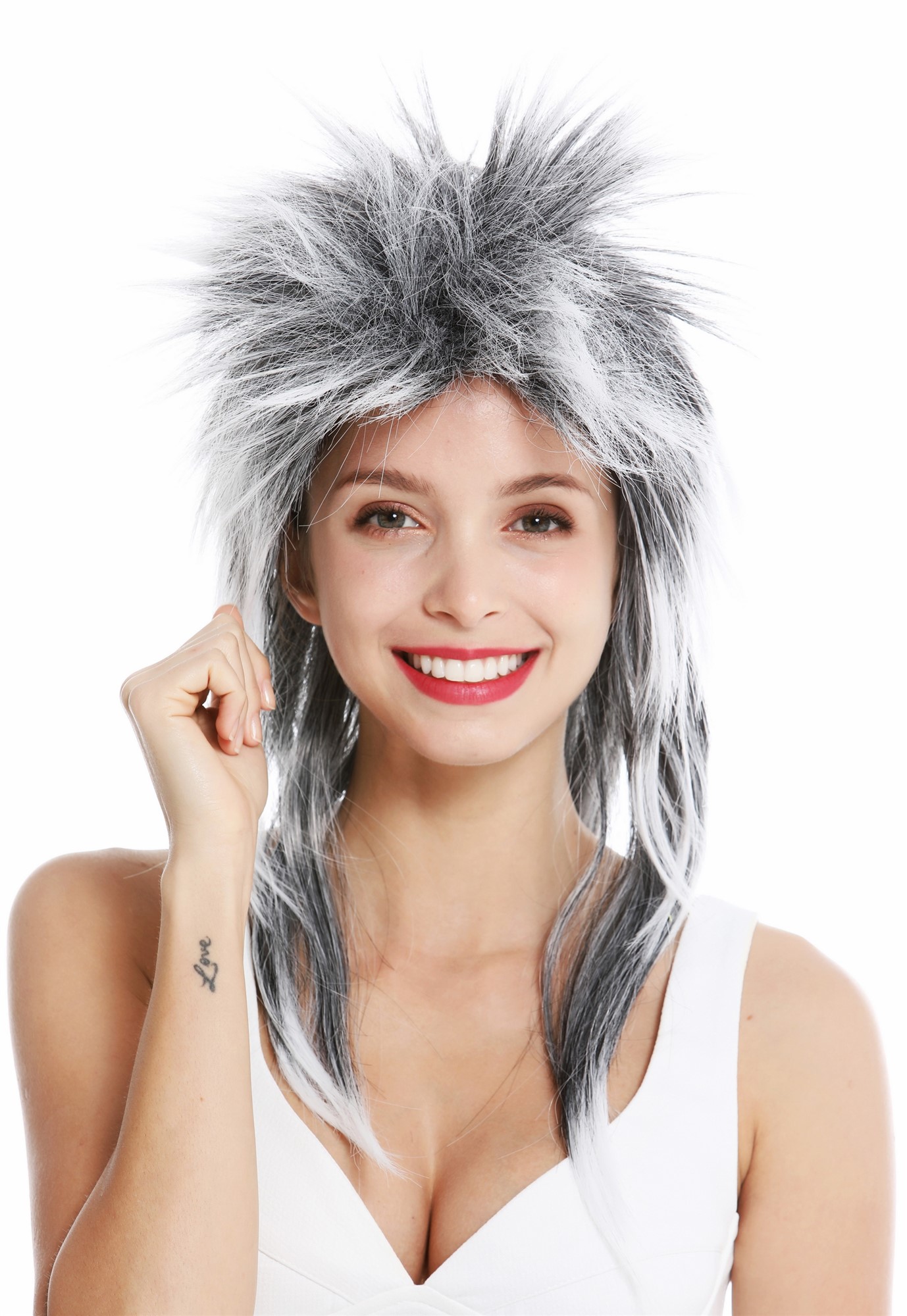 Party wig carnival punk mullet rocker wild 80's wave long black white DH1069, view 4, WIG ME UP: Your Perücken Online Shop Party Wig, Unisex, black and white mix, straight, long
