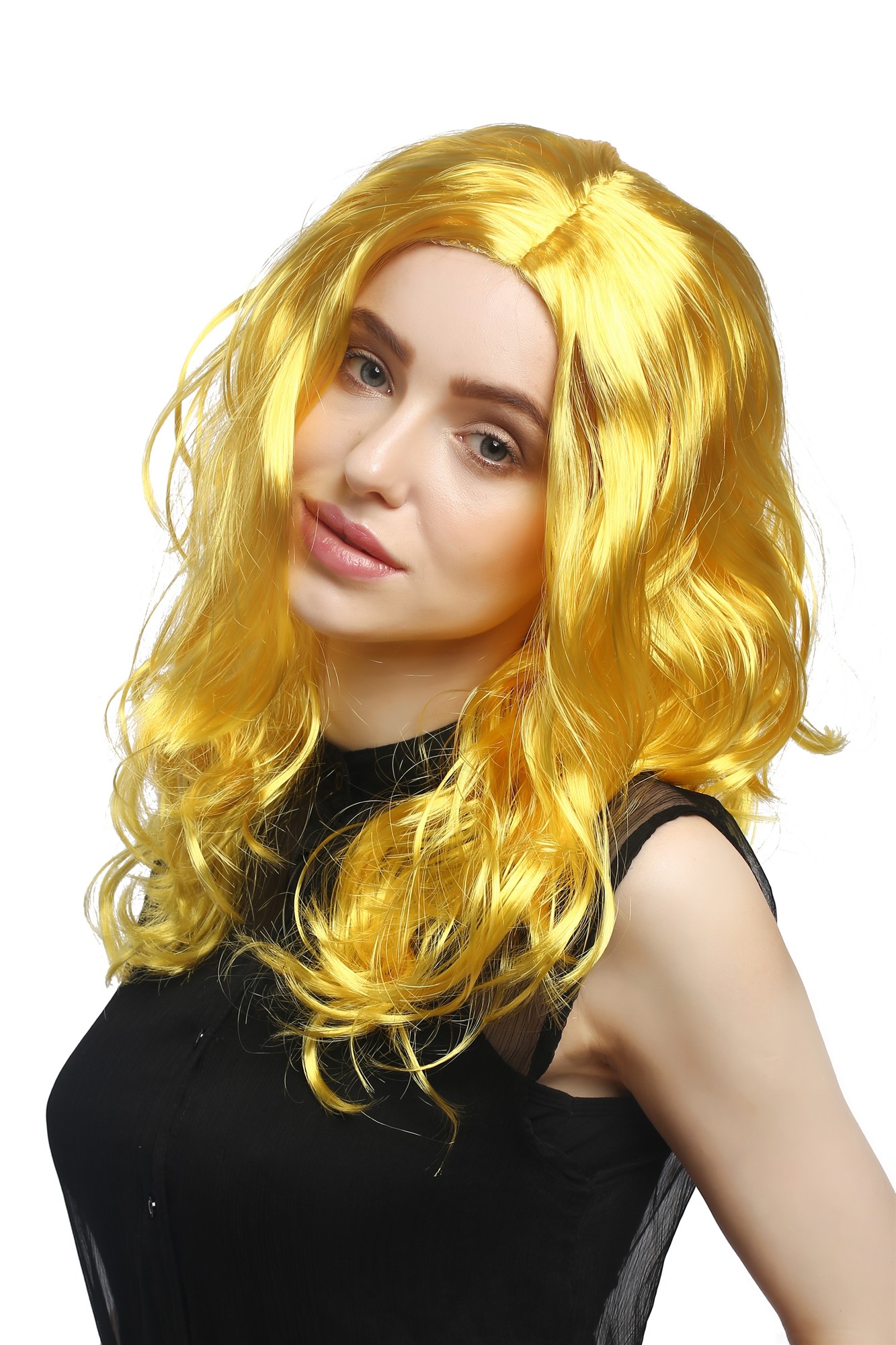 Lady Party Wig Halloween Fancy Dress long very voluminous curly curls middle-parting yellow 20", front view, WIG ME UP: Your Perücken Online Shop Party Wig, Ladies, neon yellow, curled, long