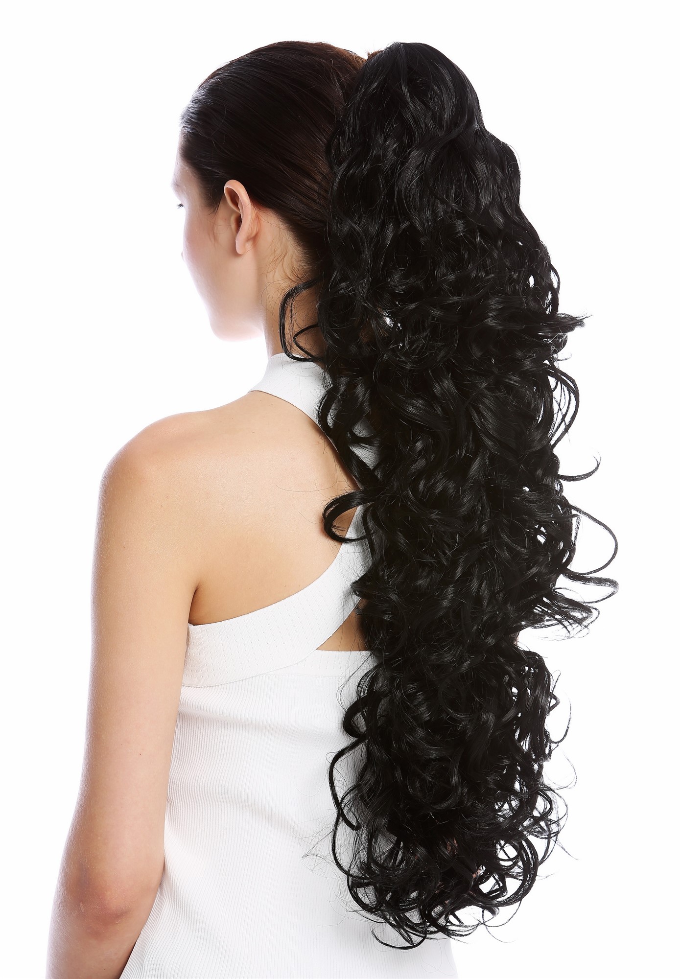 hochwertiger Zopf Pferdeschwanz Lockig Lang Voluminös Schwarz N1095-V-1, Vorderansicht, WIG ME UP: Ihr Perücken Online Shop welliges Zopf-Haarteil Schwarz 65 cm lang