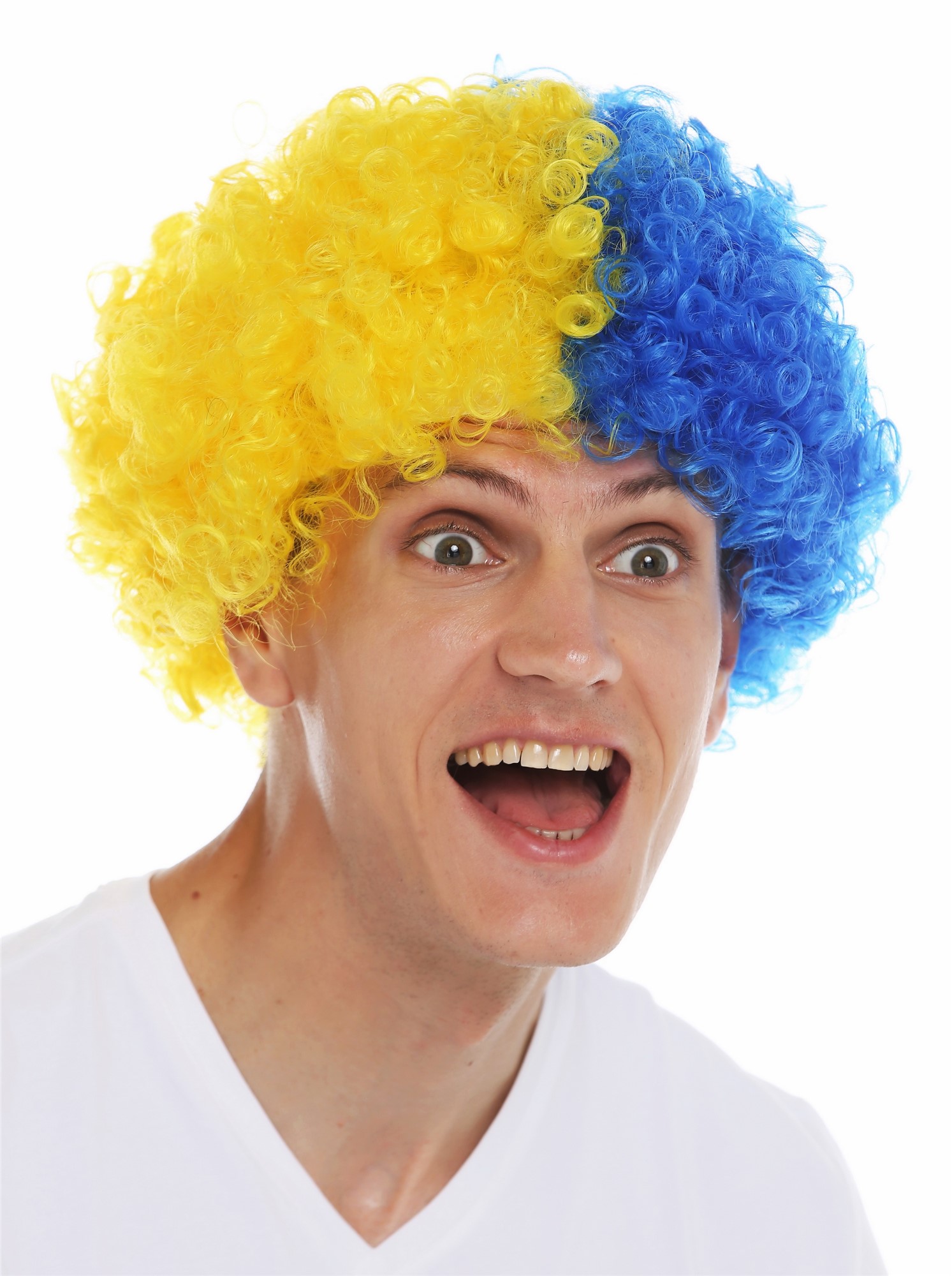 Fan wig carnival afro soccer football world cup yellow blue half half MMAM-15M, view 3, WIG ME UP: Your Perücken Online Shop Party Wig, Unisex, blue-yellow mix, curled, short