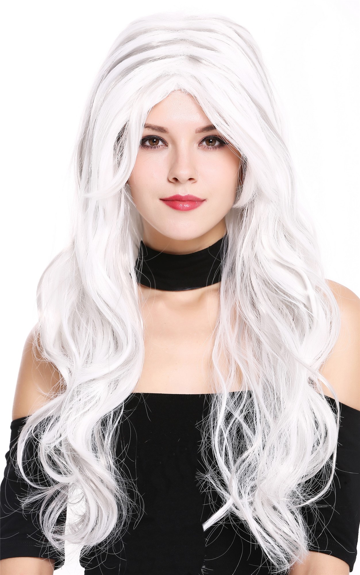 günstige Party Perücke, Perücke lang Mittelscheitel Grau Weiß Mix 91529-ZA60+ZA68A, Vorderansicht, WIG ME UP: Ihr Perücken Online Shop wellige Party Perücke Grau lange Haare für Damen