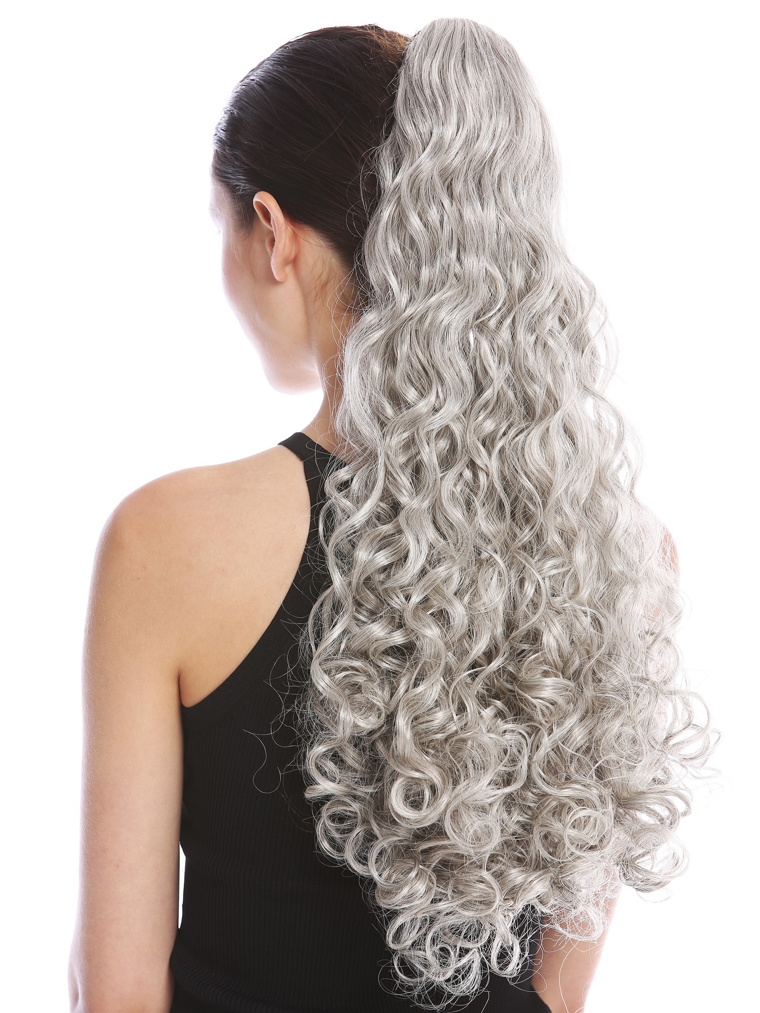 Ponytail Hairpiece very long voluminous curled curls silver grey gray 9563B-V, front view, WIG ME UP: Your Perücken Online Shop Ponytails, silver-gray-black mix, wavy, long