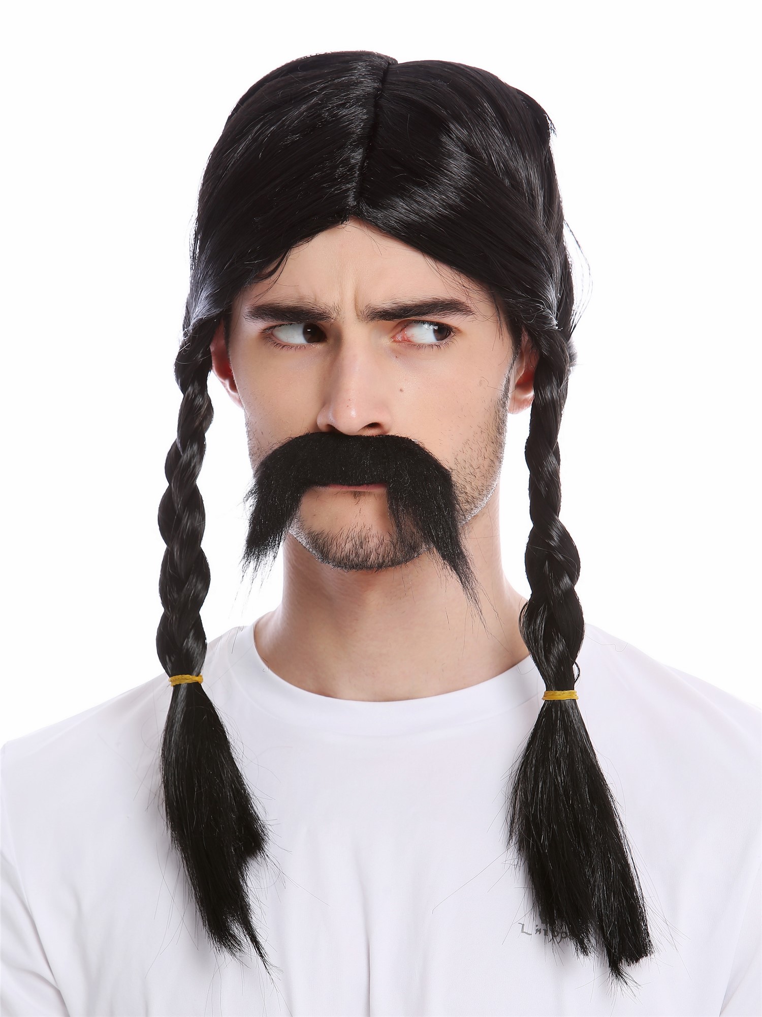 Man Party Wig & Mustache Set black long braids braided plaited Gaul Viking 91099, view 2, WIG ME UP: Your Perücken Online Shop Party Wig, Men, Black, Braided, long