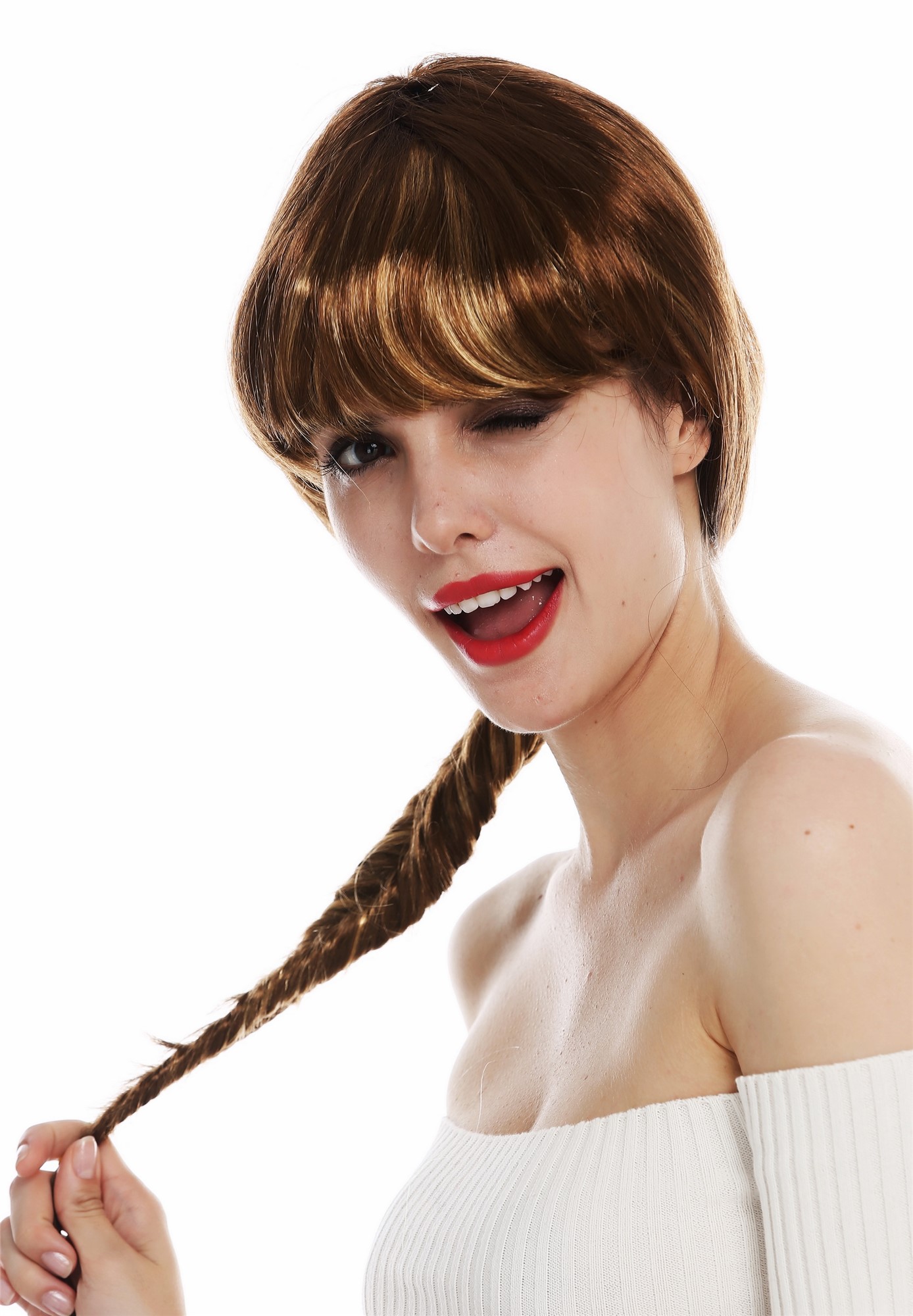 Wig women lady Halloween brown braided plaited ponytail blonde highlights 31820, front view, WIG ME UP: Your Perücken Online Shop Party Wig, Ladies, medium brown-golden blonde mix, Braided, long