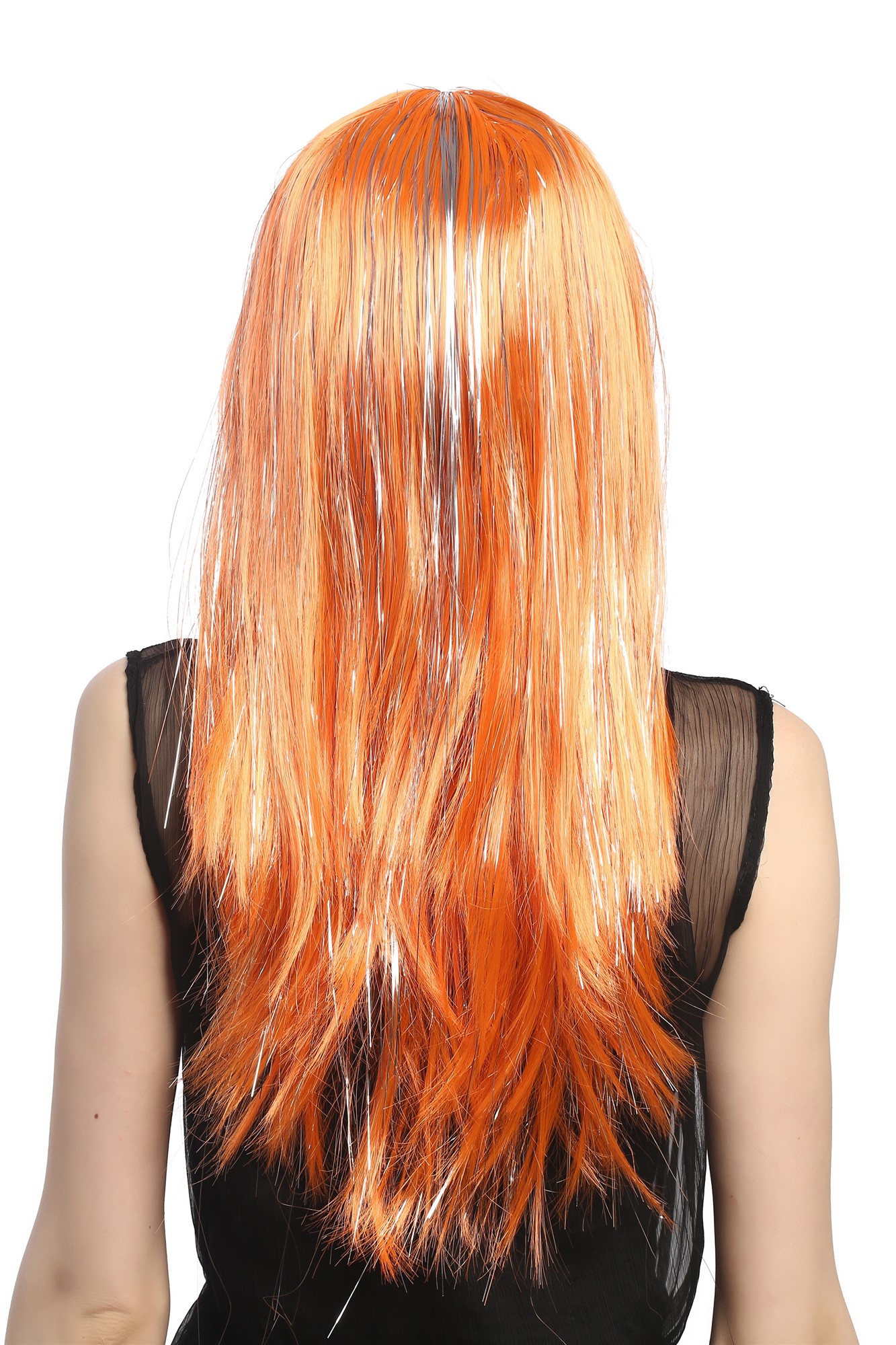 XR-003-PC24 Lady Party Wig Halloween long straight bangs streaked with silver tinsel strands orange, view 3, WIG ME UP: Your Perücken Online Shop Party Wig, Ladies, neon orange, straight, long