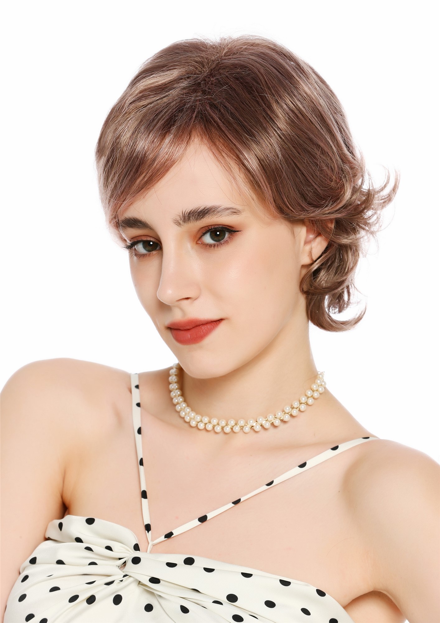 Perücke Damen kurz adrett gewellt Scheitel Blond Mix rosa Highlights VK-69-2215T