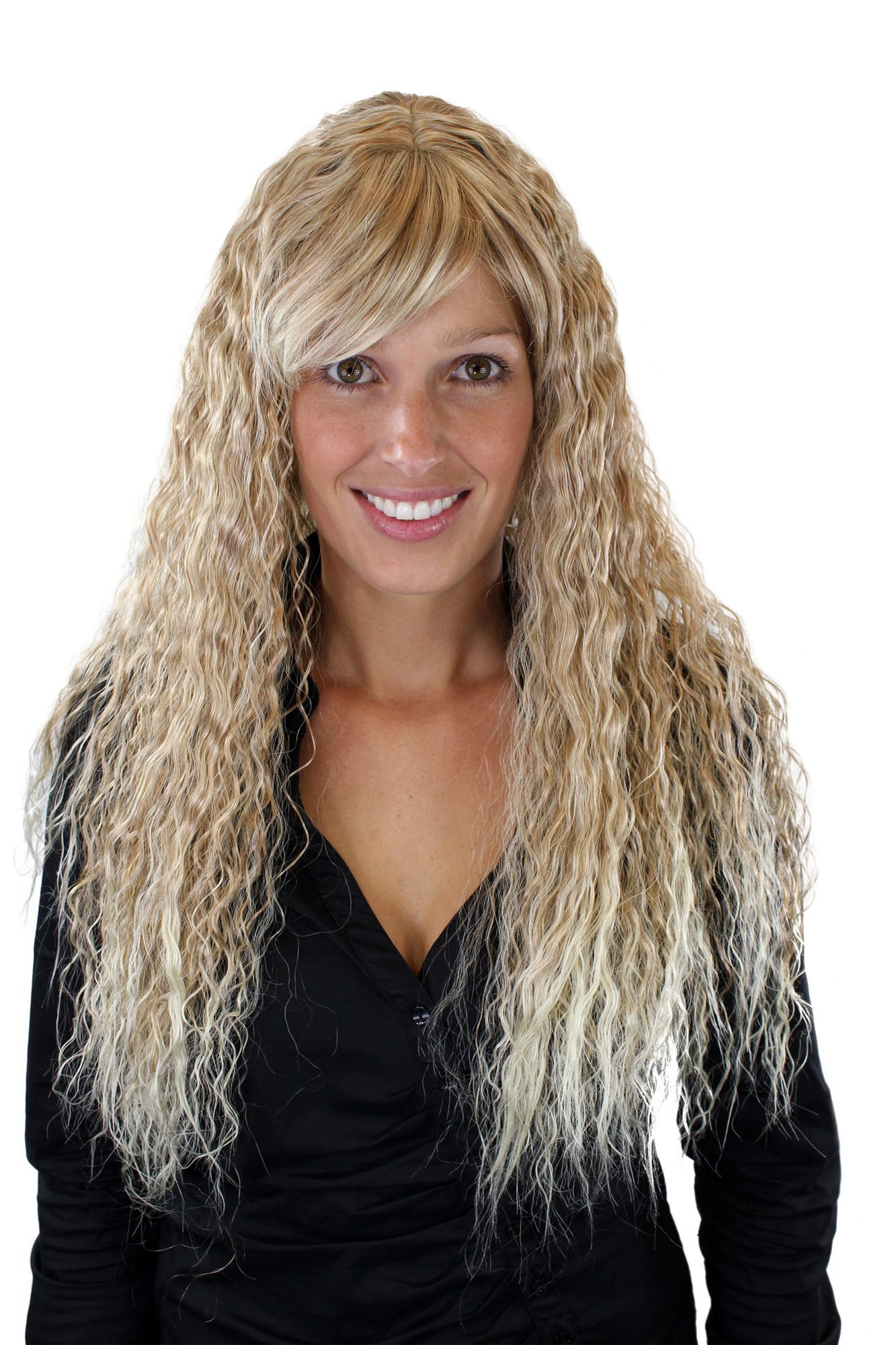 hochwertige Qualitätsperücken, Perücke Kinky Locken Lang Blond 7066C-27T613, Vorderansicht, WIG ME UP: Ihr Perücken Online Shop lockige Tressen-Perücke mit Kopfhaut-Imitat Hellblond sehr lange Haare für Damen