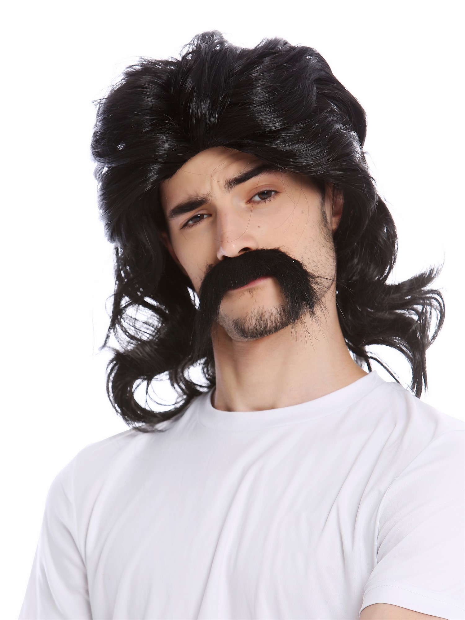 günstige Party Perücke, Perücke Bart Gallier Germane Schwarz 91098-ZA103, Vorderansicht, WIG ME UP: Ihr Perücken Online Shop wellige Party Perücke Schwarz schulterlange Haare für Herren