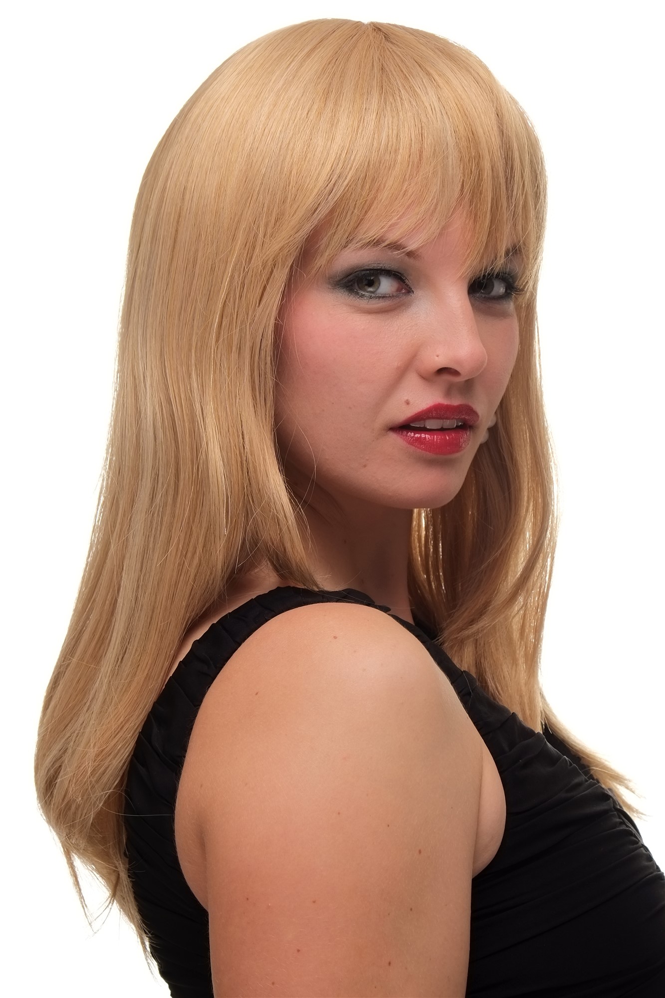 hochwertige Qualitätsperücken, Blonde Perücke mit schickem Pony und glatten Haaren 6310-611B, Ansicht 2, WIG ME UP: Ihr Perücken Online Shop glatte Tressen-Perücke mit Kopfhaut-Imitat Blond lange Haare für Damen