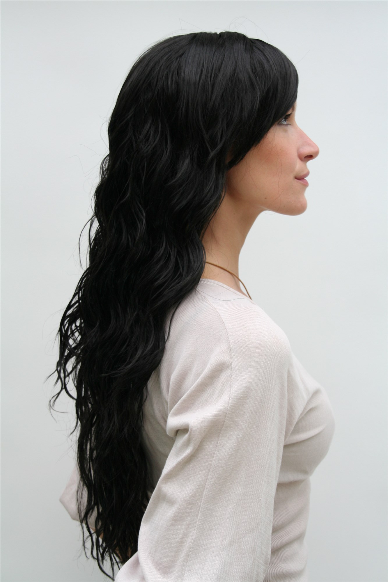 hochwertige Qualitätsperücken, Perücke schwarz langhaarig Scheitel 9333-2, Ansicht 2, WIG ME UP: Ihr Perücken Online Shop wellige Tressen-Perücke mit Kopfhaut-Imitat Schwarzbraun sehr lange Haare für Damen