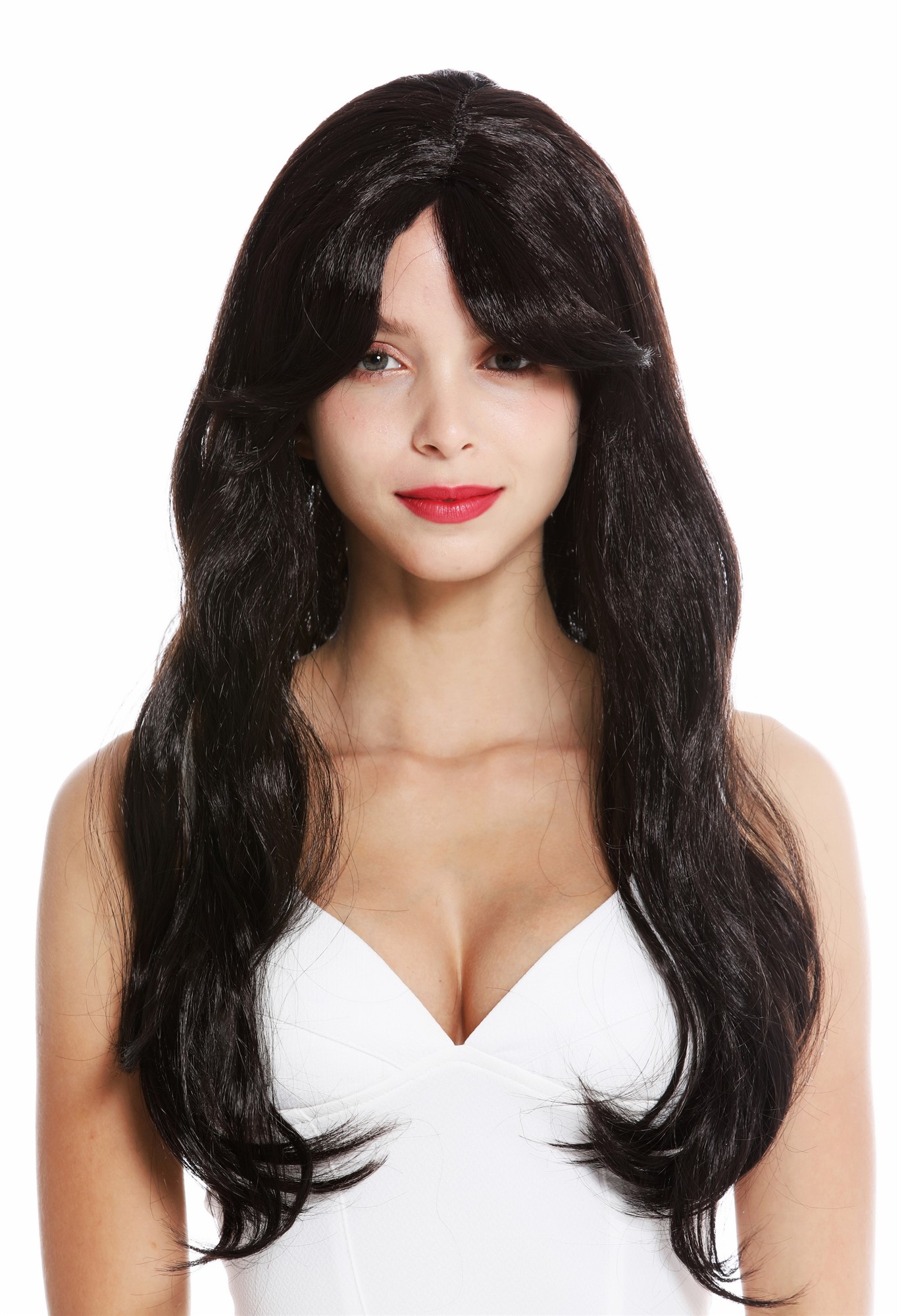 günstige Party Perücke, Perücke lang glatt braun schwarzbraun Schneewittchen 90924-ZA1, Vorderansicht, WIG ME UP: Ihr Perücken Online Shop wellige Party Perücke Schwarzbraun lange Haare für Damen