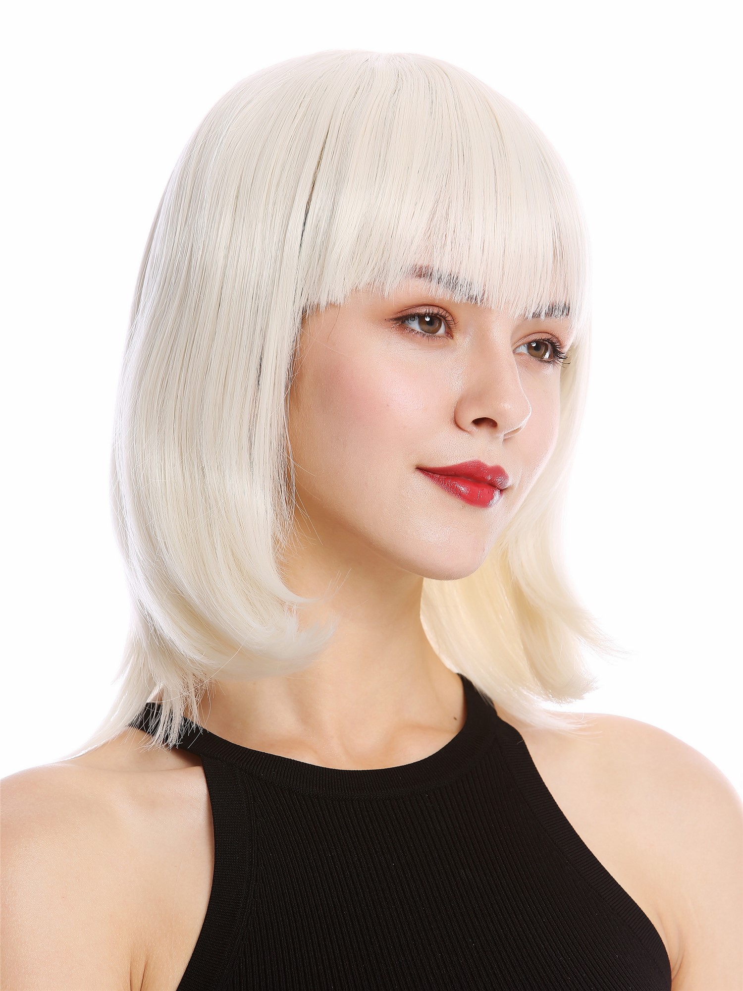 hochwertige Qualitätsperücken, Perücke kurz Longbob Pony glatt Weißblond YZF-4362-60, Vorderansicht, WIG ME UP: Ihr Perücken Online Shop glatte Tressen-Perücke mit Kopfhaut-Imitat Perlblond schulterlange Haare für Damen