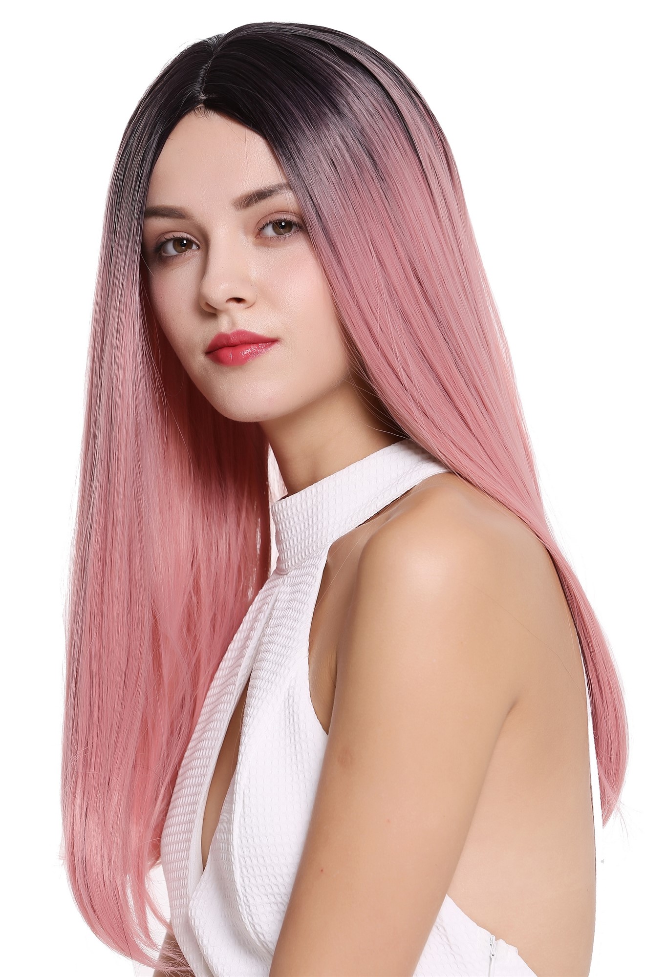 hochwertige Qualitätsperücken, Perücke Glatt Mittelscheitel Ombre Schwarz Rosa ZM-1791-T2312R1B, Ansicht 3, WIG ME UP: Ihr Perücken Online Shop glatte Tressen-Perücke mit Kopfhaut-Imitat Schwarz-Rosa lange Haare für Damen