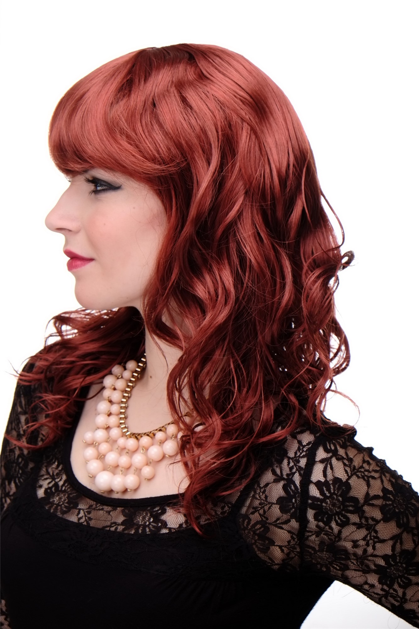 hochwertige Qualitätsperücken, Wellige halblange Damen Perücke Rot Dunkel-Kupferrot 5019-135, Ansicht 2, WIG ME UP: Ihr Perücken Online Shop wellige Tressen-Perücke mit Kopfhaut-Imitat Dunkel-Kupferrot lange Haare für Damen