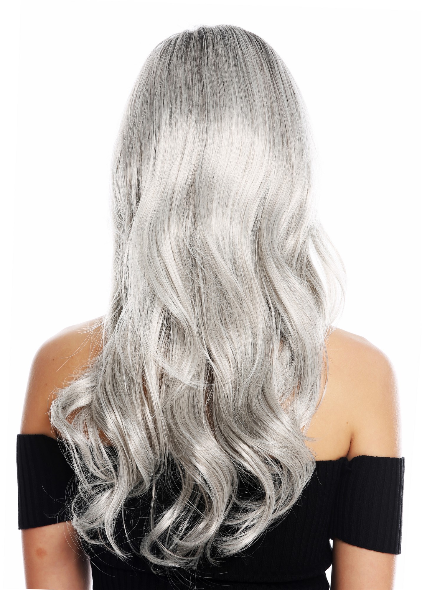 hochwertige Qualitätsperücken, Perücke lang wellig Balayage Schwarz Grau GFW2195-56+1T56, Ansicht 4, WIG ME UP: Ihr Perücken Online Shop wellige Tressen-Perücke Grau-Schwarz-Mix lange Haare für Damen