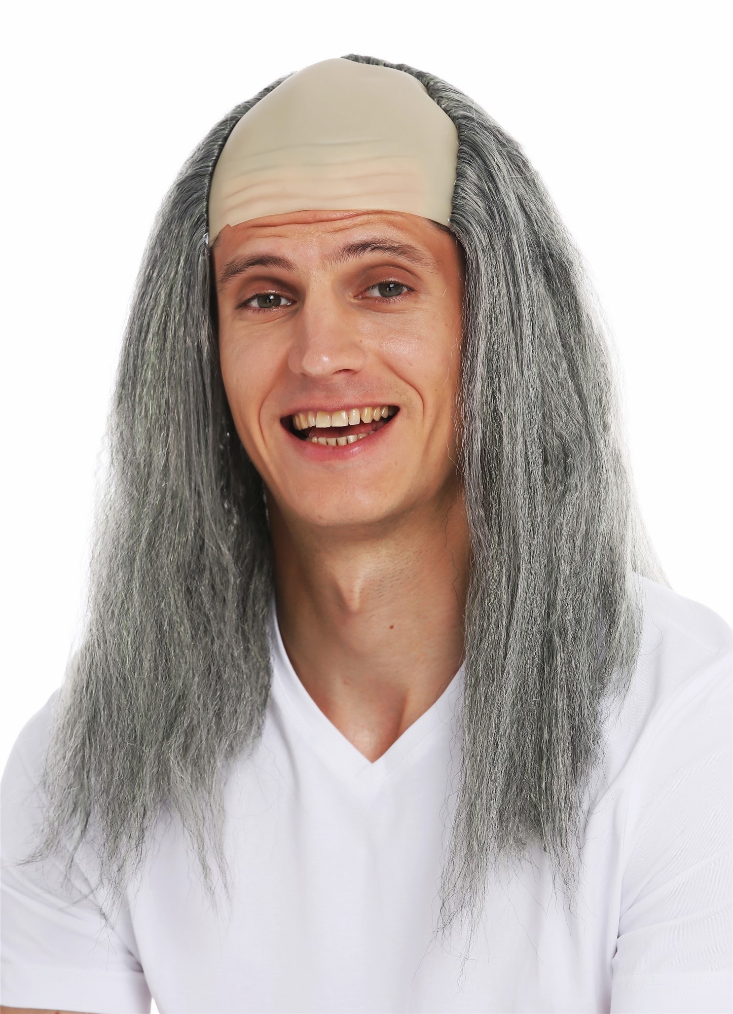 Party Wig, Men, Silver-gray wig with moss-green streaks, wavy, shoulder-length