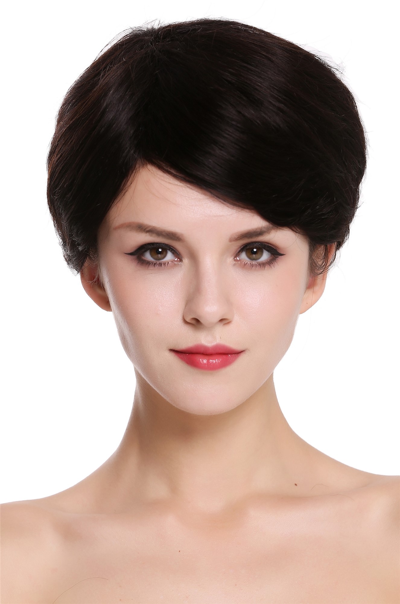 hochwertige Qualitätsperücken, Echthaar Perücke Kurz Scheitel Naturfarbe Dunkelbraun RGH-5330-HH-NATURE, Vorderansicht, WIG ME UP: Ihr Perücken Online Shop glatte Tressen-Perücke 100% Echthaar Dunkelbraun-Rotbraun-Mix kurze Haare für Damen
