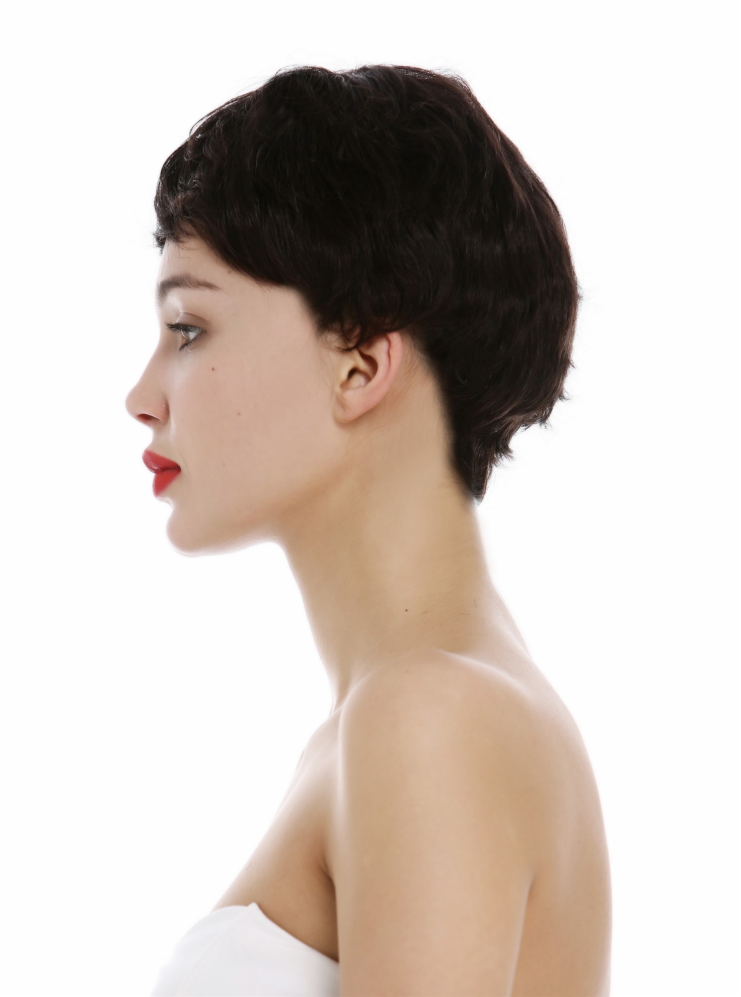 hochwertige Qualitätsperücken, Perücke Echthaar Damen Herren kurz Pixie wild wellig Schwarzbraun BHH-11-2, Ansicht 3, WIG ME UP: Ihr Perücken Online Shop wellige Tressen-Perücke Schwarzbraun kurze Haare für Damen