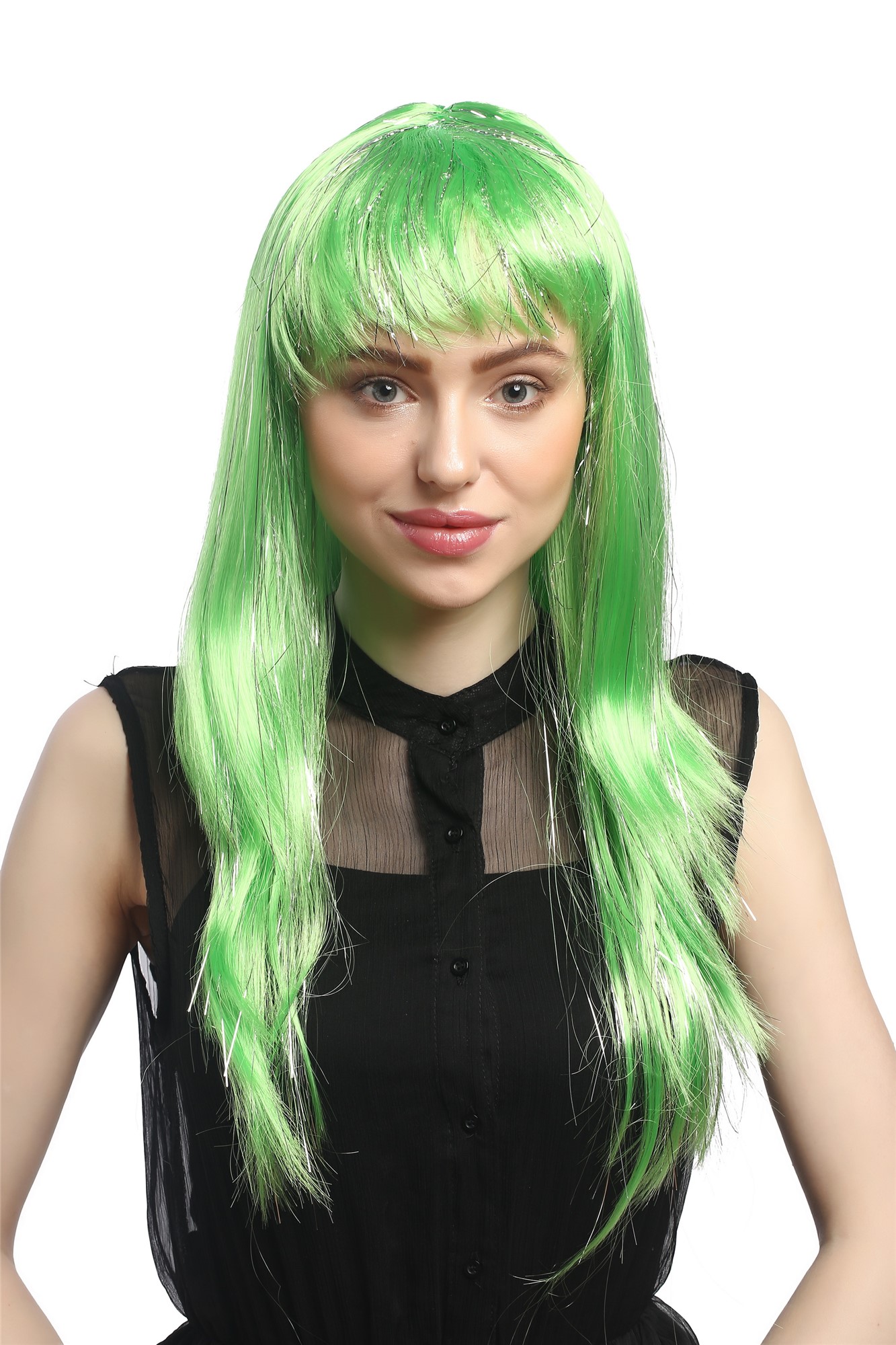 XR-003-PC15 Lady Party Wig Halloween long straight bangs streaked with silver tinsel strands green, view 2, WIG ME UP: Your Perücken Online Shop Party Wig, Ladies, light green, straight, long