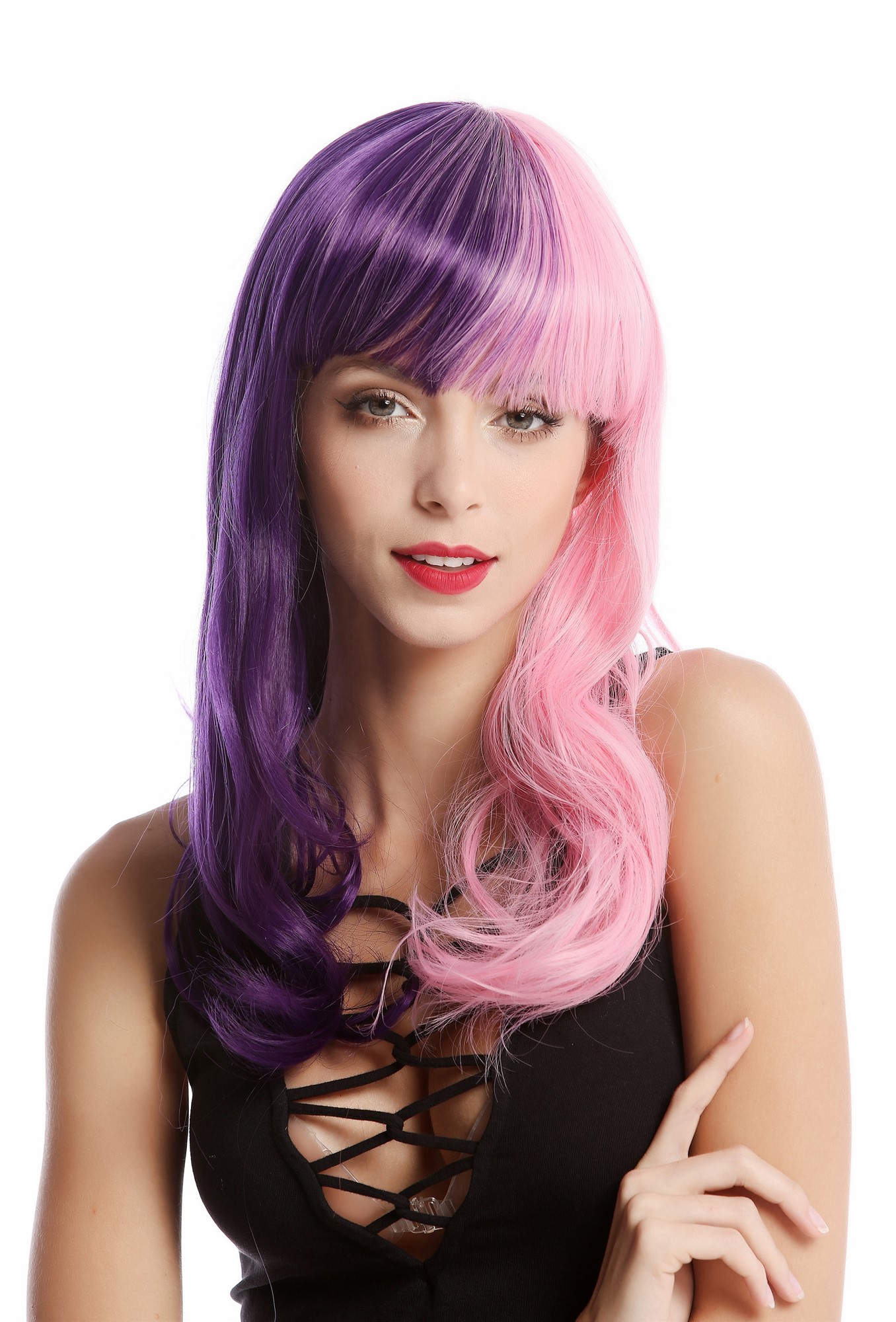 hochwertige Qualitätsperücken, Perücke Lang Lockig Halb Lila Rosa GF-W2301-STEP20+T2311, Ansicht 2, WIG ME UP: Ihr Perücken Online Shop lockige Tressen-Perücke Lila-Neonrosa-Mix lange Haare für Damen