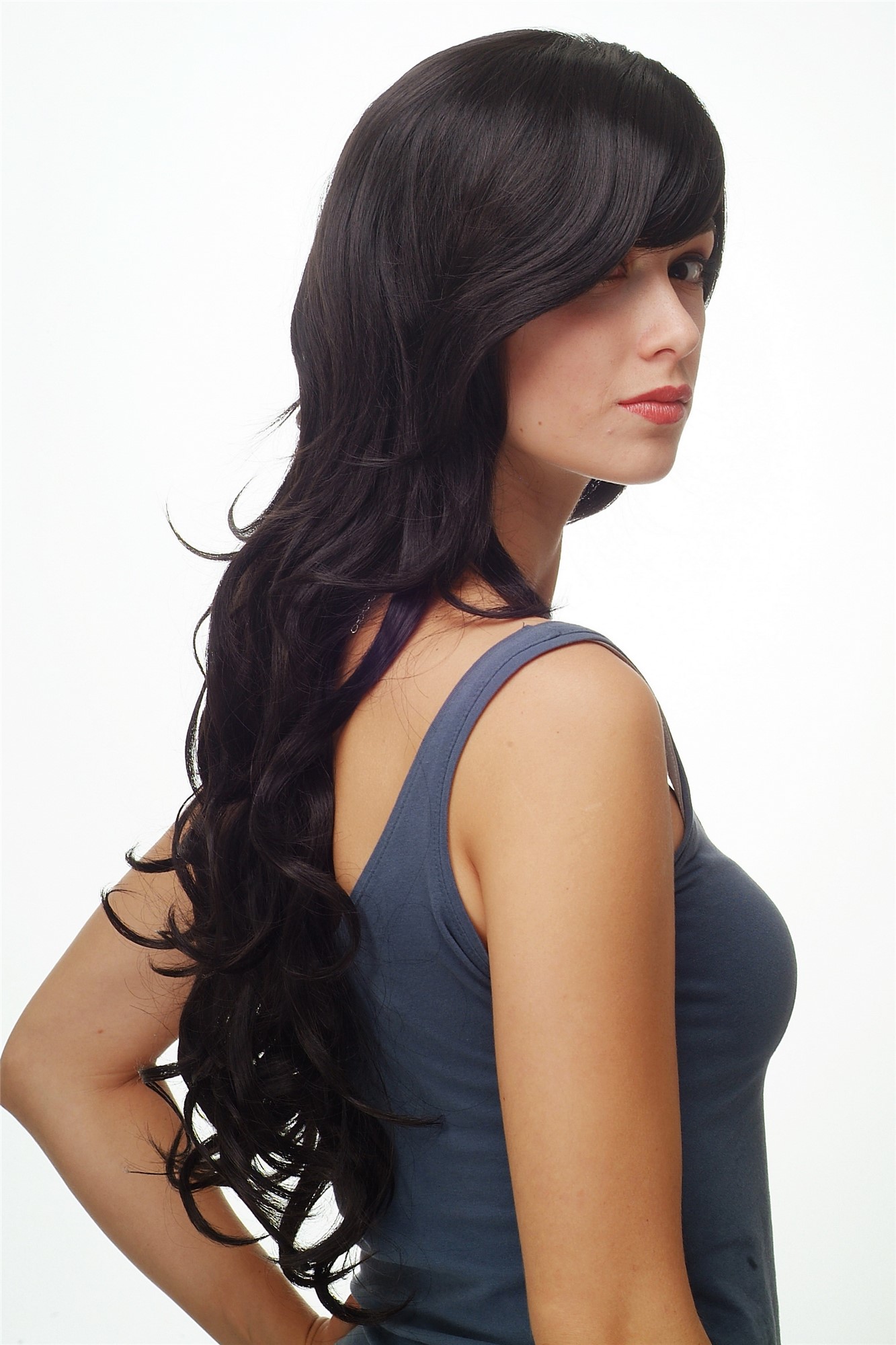 hochwertige Qualitätsperücken, Perücke lang wallendes Haar wellig leicht lockig braun dunkelbraun 9204S-3, Ansicht 2, WIG ME UP: Ihr Perücken Online Shop lockige Tressen-Perücke mit Kopfhaut-Imitat Dunkelbraun lange Haare für Damen