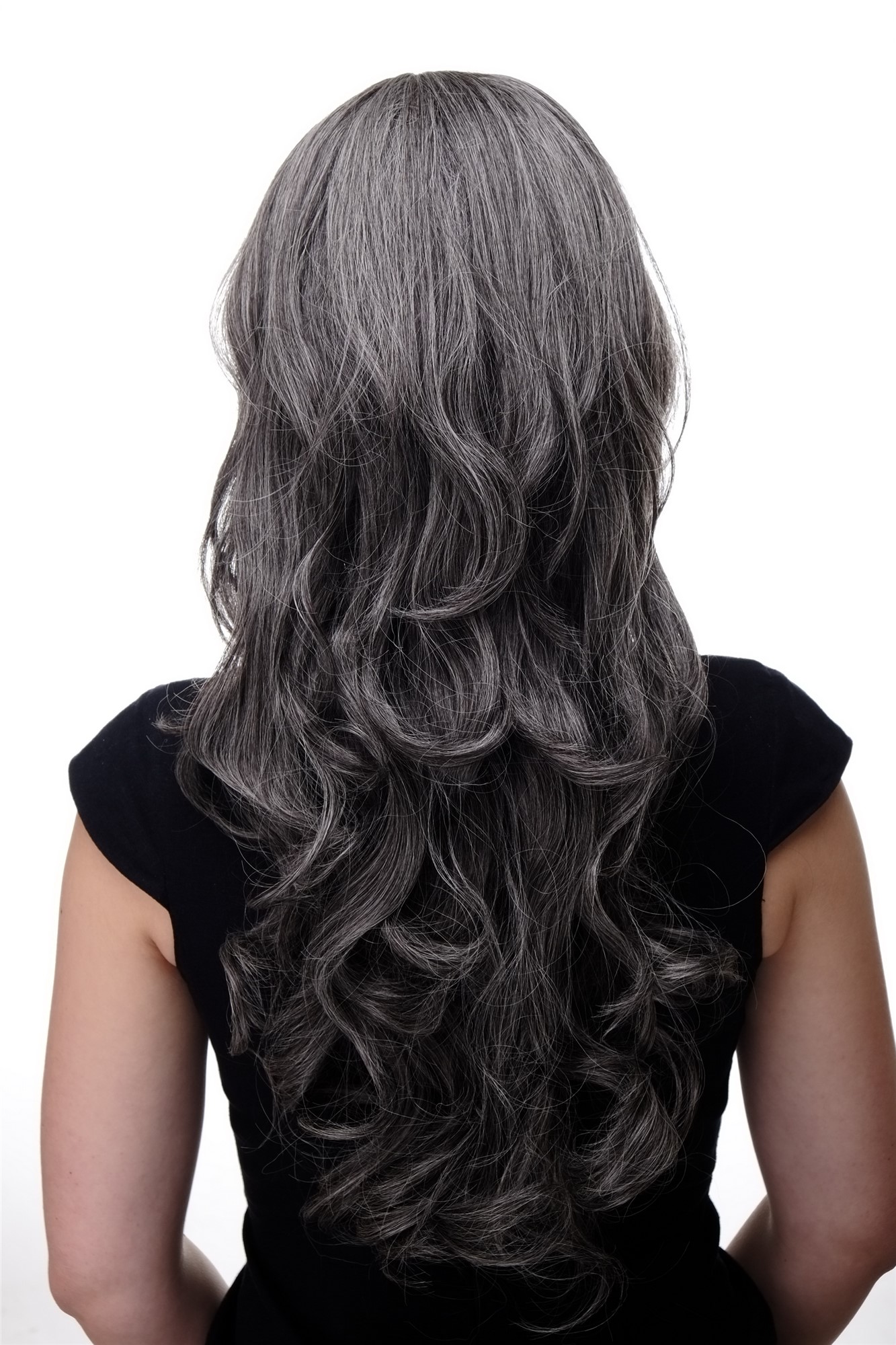 Lady wig very long curling tips straight top fringe bangs dark grey gray 285, view 5, WIG ME UP: Your Perücken Online Shop Quality Wigs, Ladies, dark brown-gray mix, curled, long