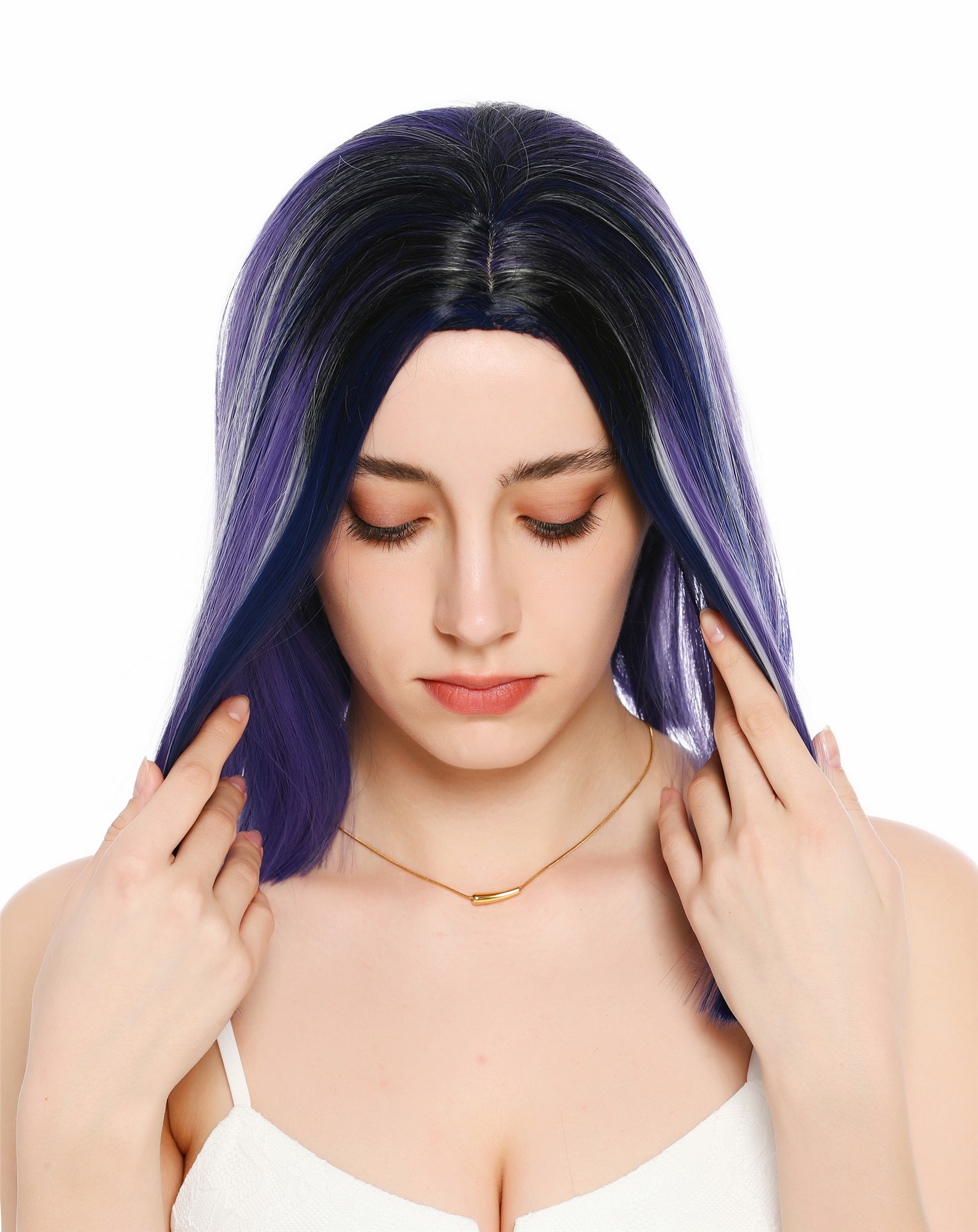 Perücke Damen schulterlang Longbob glatt Lila Schwarz Weiß Blau Gesträhnt Mittelscheitelt GFW4029S-G597