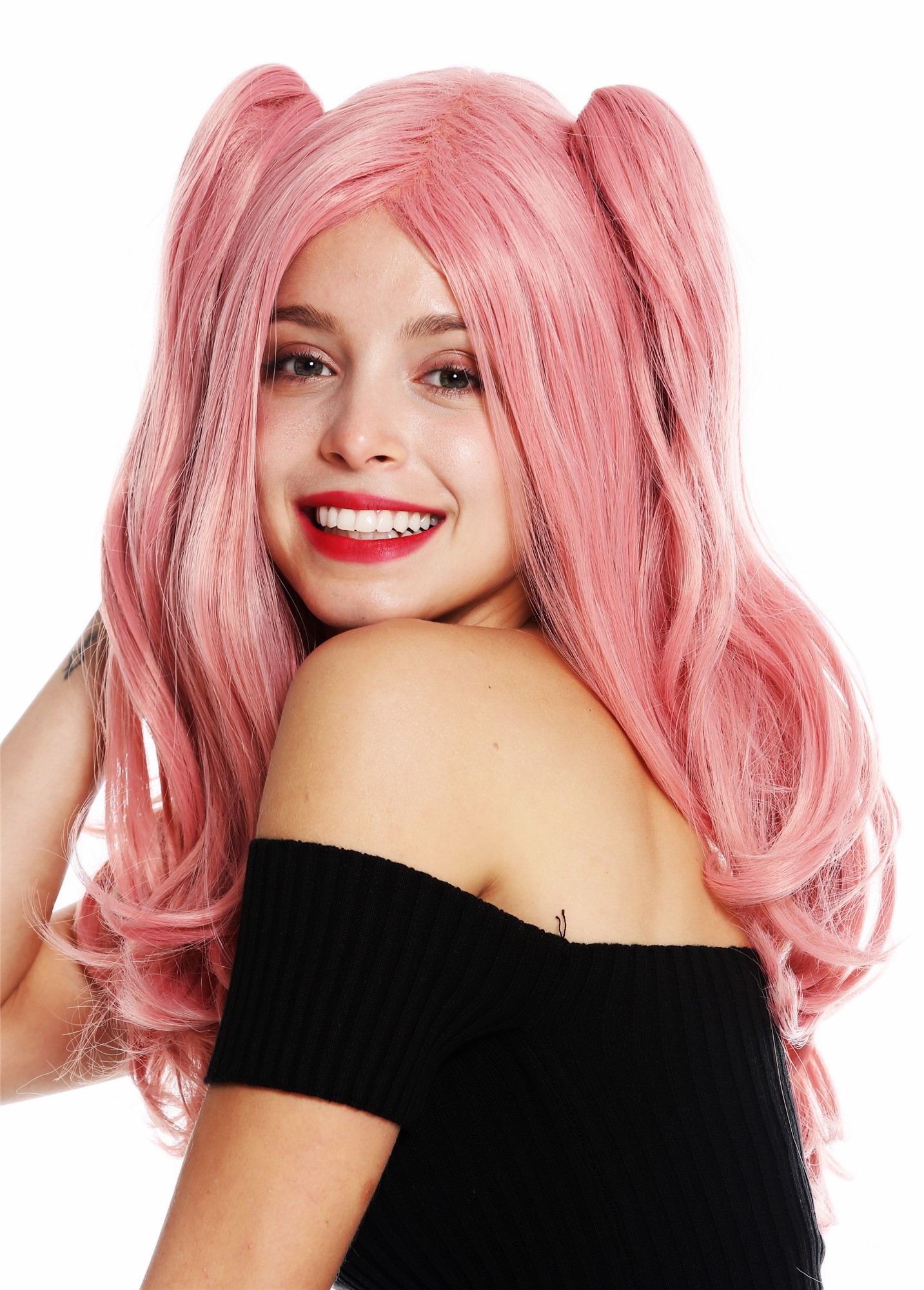 hochwertige Qualitätsperücken, Perücke Cosplay lang Zöpfe Rosa Lolita GFW3156A-T2312, Ansicht 3, WIG ME UP: Ihr Perücken Online Shop glatte Tressen-Perücke Pastellrosa lange Haare für Damen