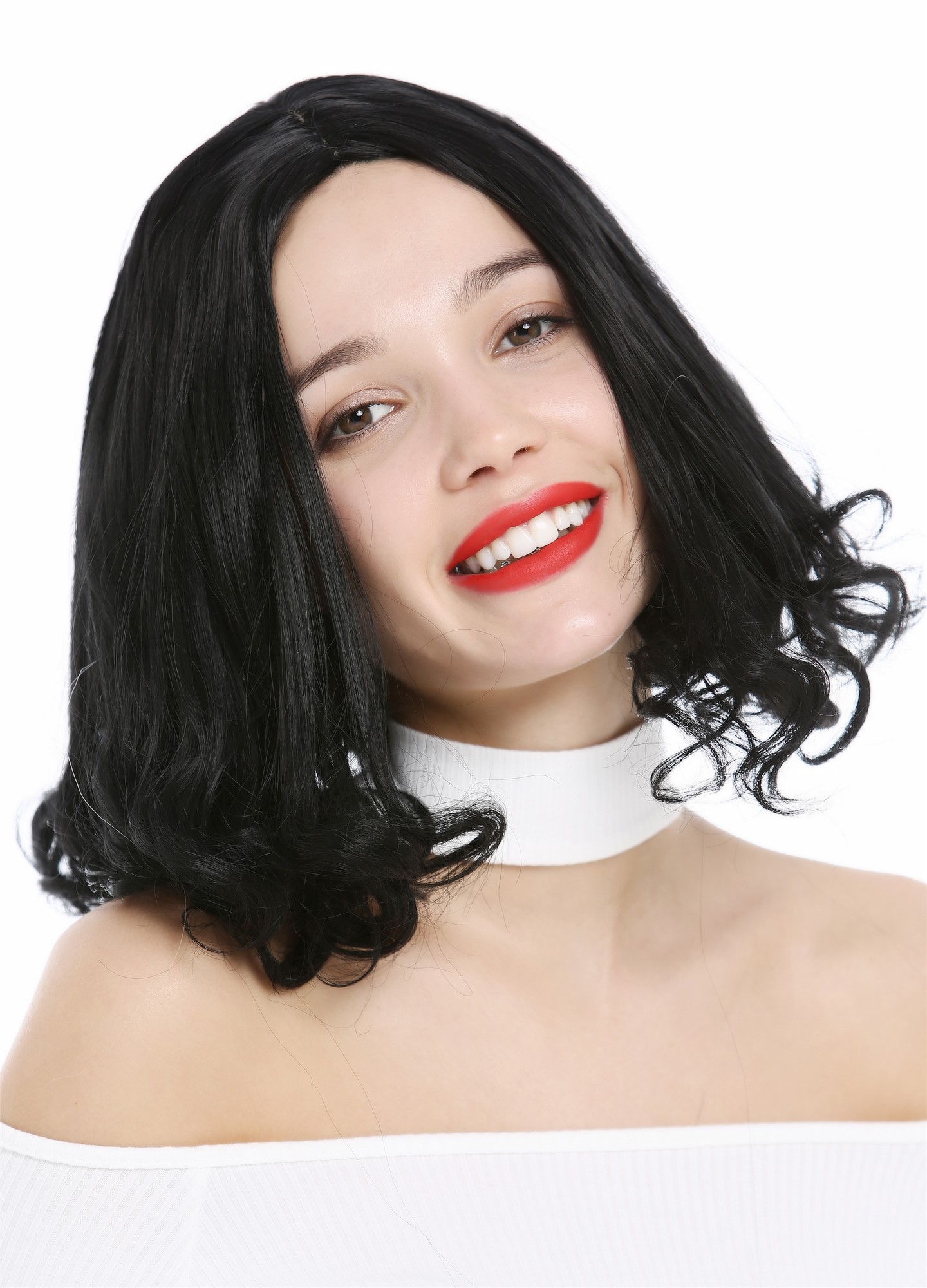 Lady Wig short Bob Longbob straight curled tips middle parting black YZF-4369, front view, WIG ME UP: Your Perücken Online Shop Quality Wigs, Ladies, Black, curled, short