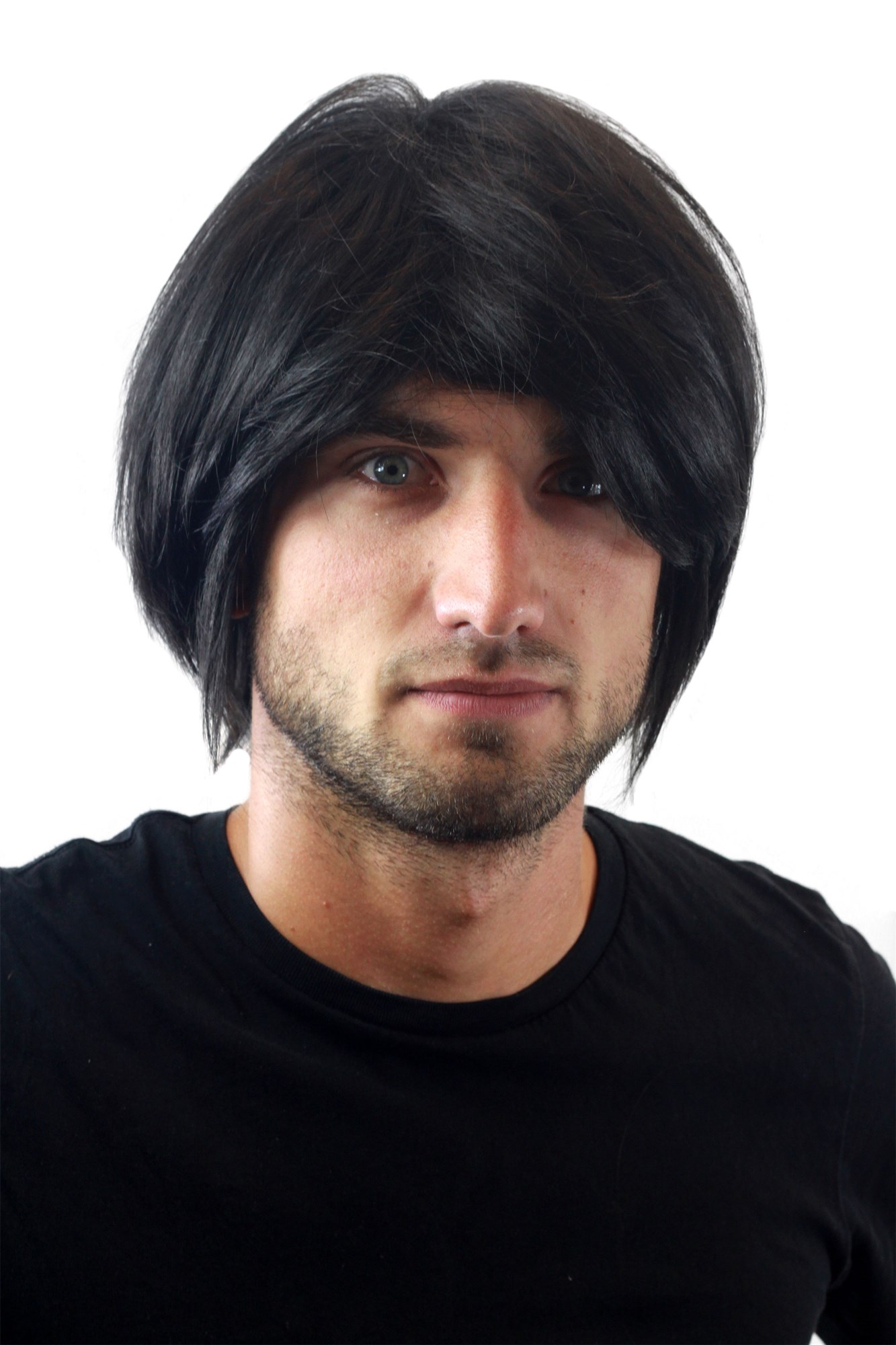 hochwertige Qualitätsperücken, Herrenperücke Mittellang schwarz Seitenscheitel GFW895-1B, Vorderansicht, WIG ME UP: Ihr Perücken Online Shop glatte Tressen-Perücke Samtschwarz kurze Haare für Herren