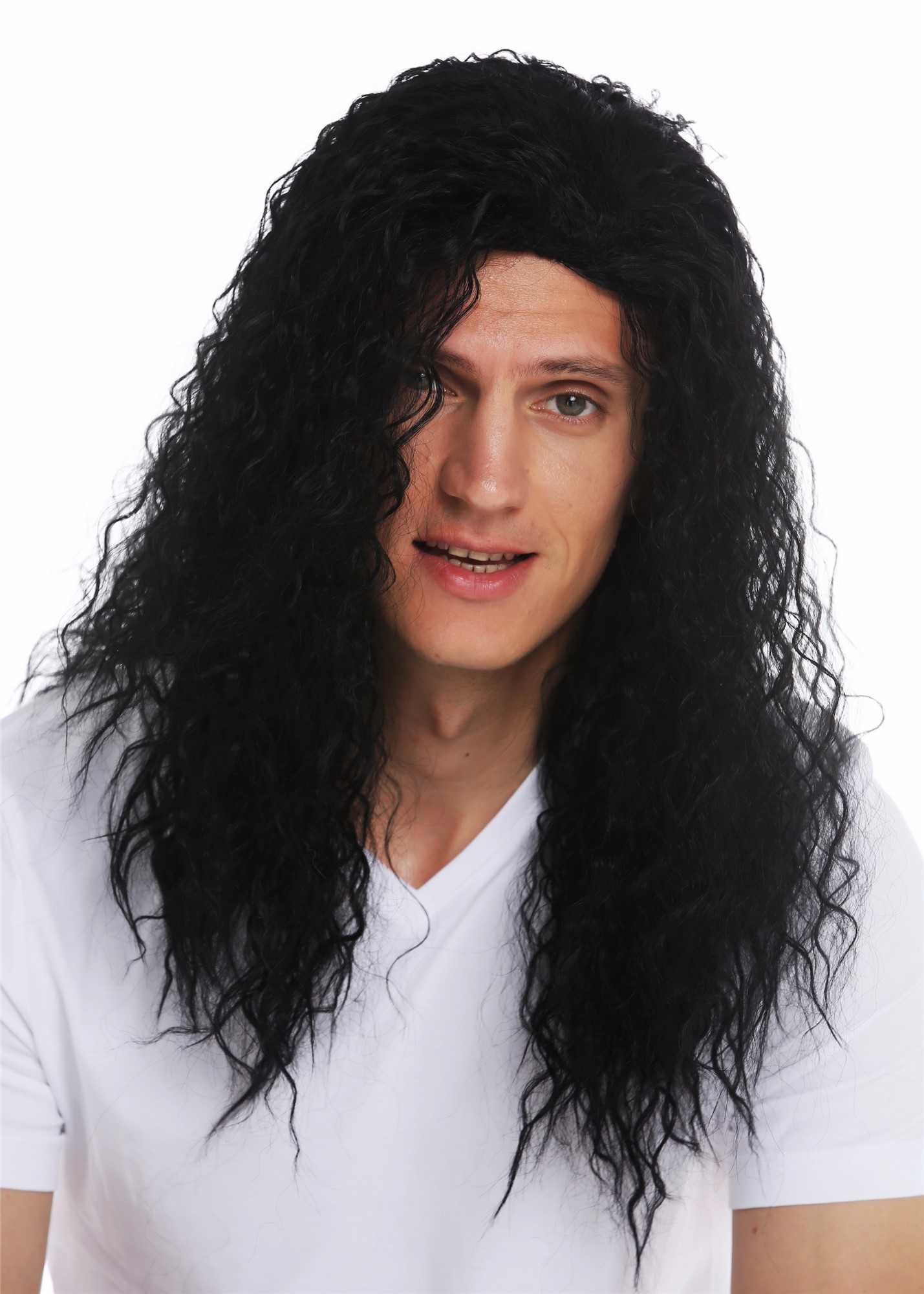 Wig man men long curly black parting hard rock Heavy Metal latin lover VK-33, front view, WIG ME UP: Your Perücken Online Shop Party Wig, Unisex, Black, curled, long
